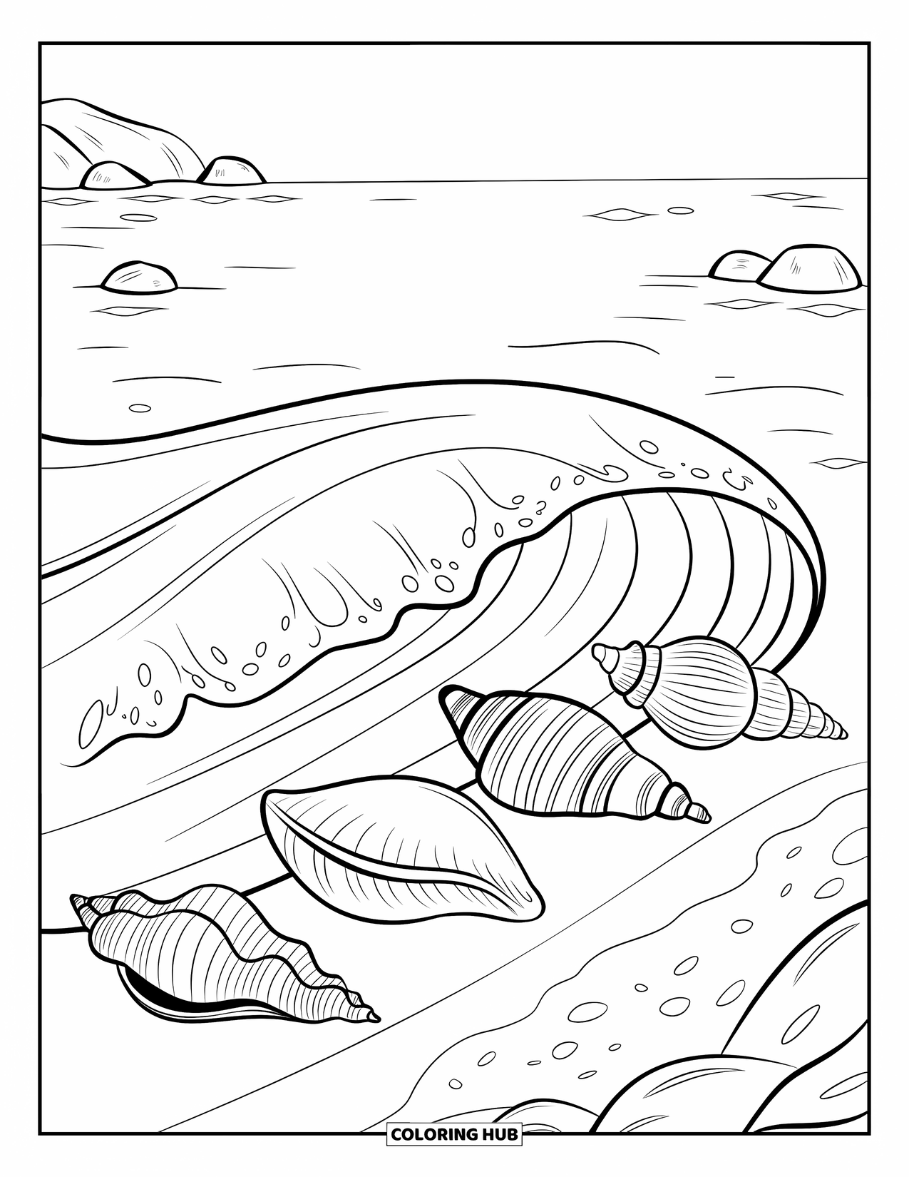 Seashell Coloring Page for Kids: A curved wave flows over seashells lined along the shore