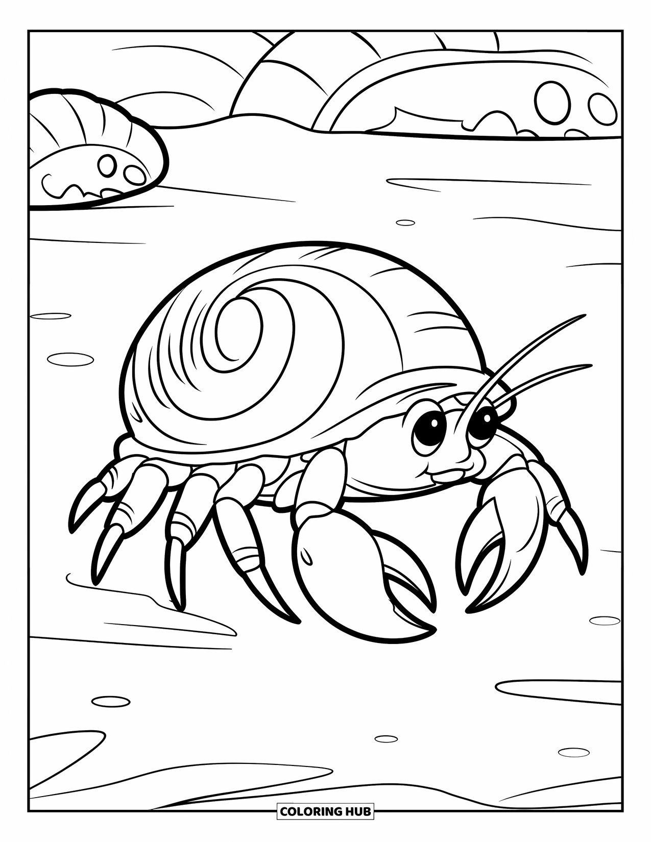 Seashell Coloring Page for Kids: A hermit crab crawls with a big shell across sandy ground