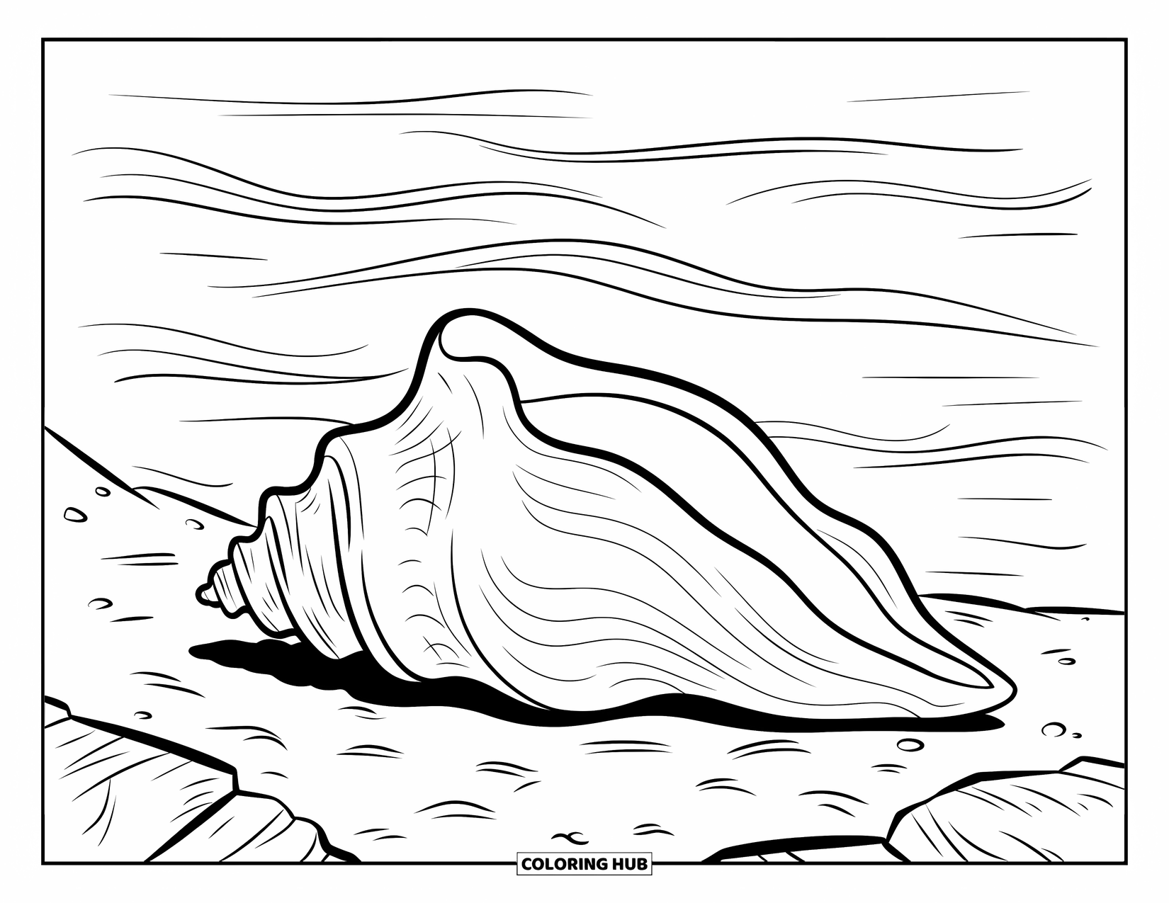 Seashell Coloring Page for Kids: A large conch shell rests on rocky shore with soft waves behind