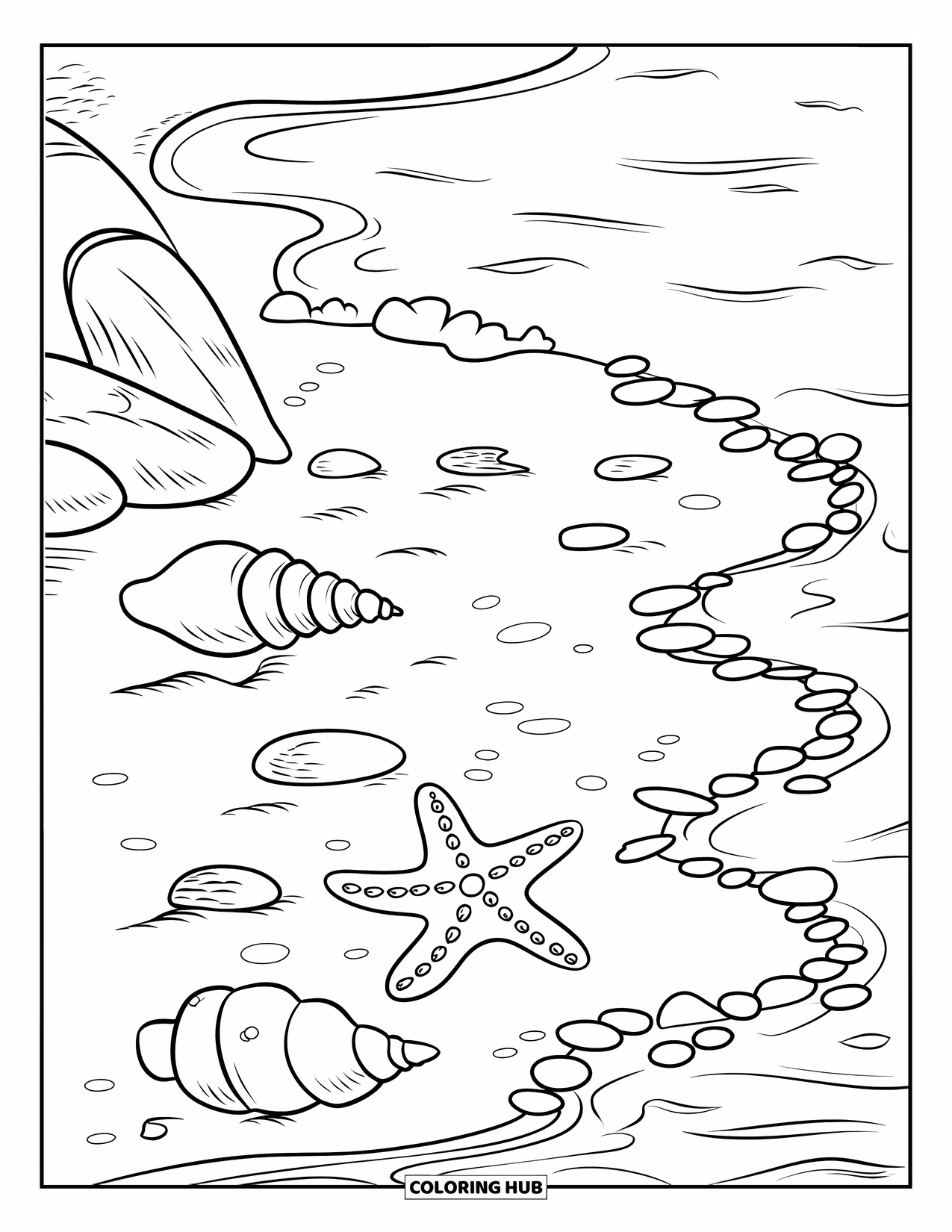 Seashell Coloring Page for Kids: A rocky coast with shells, a starfish, and gentle sea foam