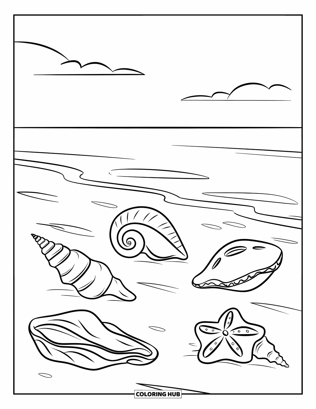 Seashell Coloring Page for Kids: A sandy shore holds five unique seashells under a clear, sunny sky