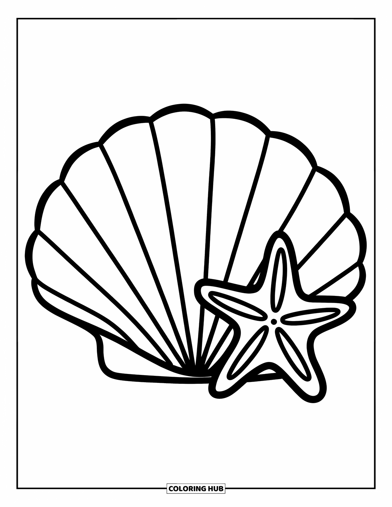 Seashell Coloring Page for Kids: A scallop shell and starfish lie on the sand with bold outlines