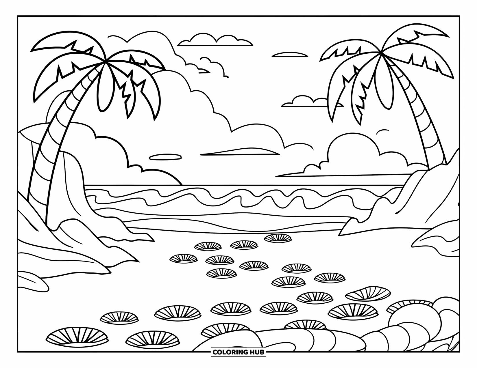 Seashell Coloring Page for Kids: A shell-lined path winds to the sea with trees and clouds above