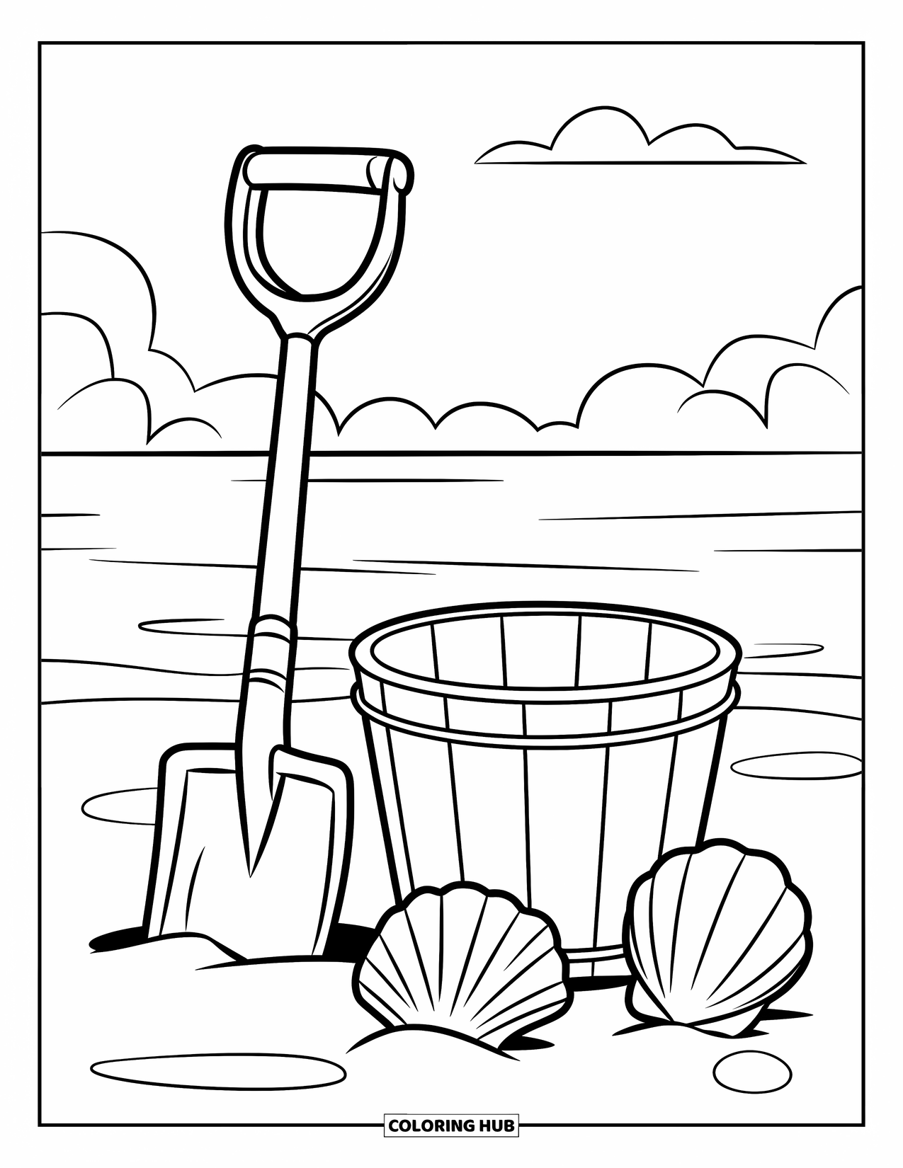 Seashell Coloring Page for Kids: A shovel, bucket, and shells rest in the sand under a sunny sky