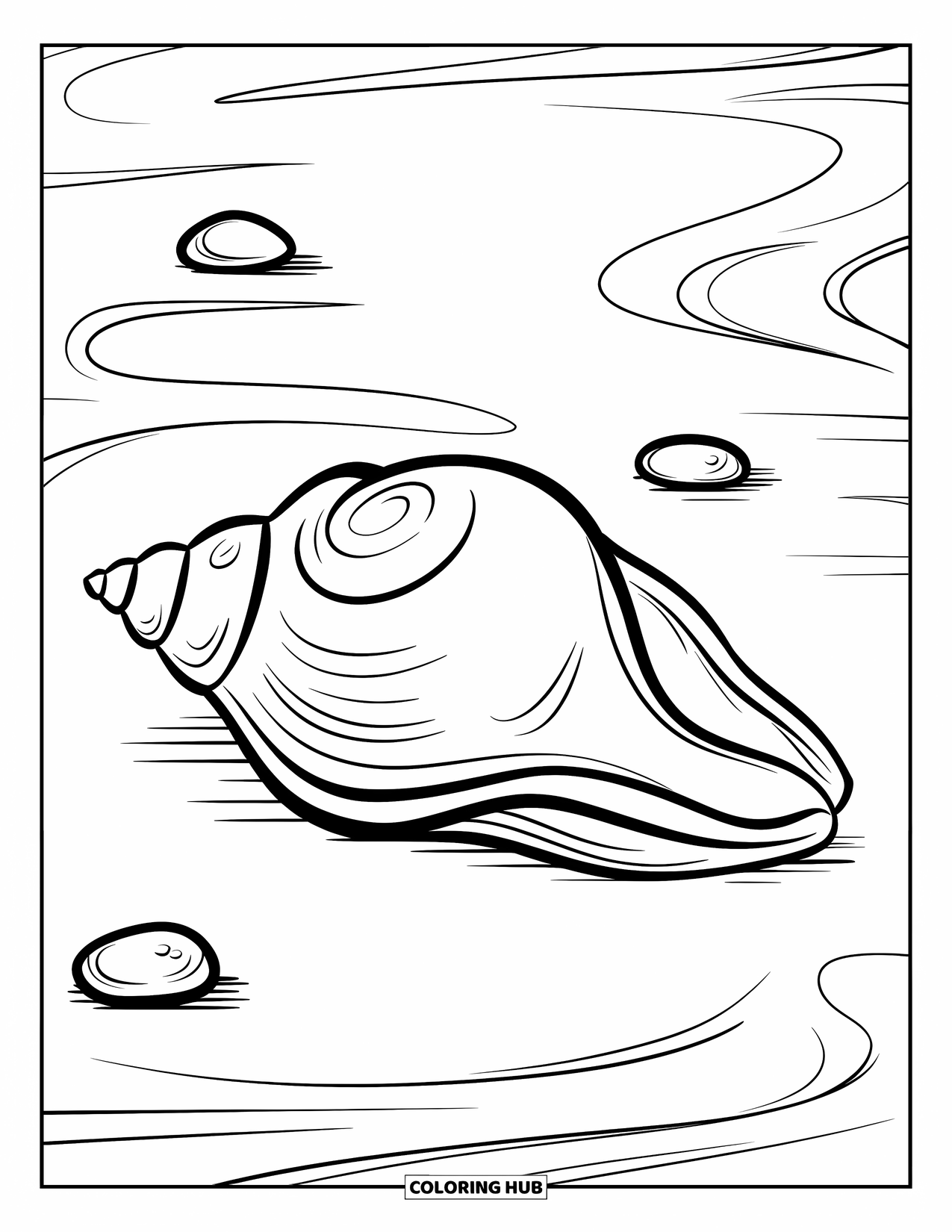 Seashell Coloring Page for Kids: A spiral seashell rests on smooth sand with three tiny pebbles nearby