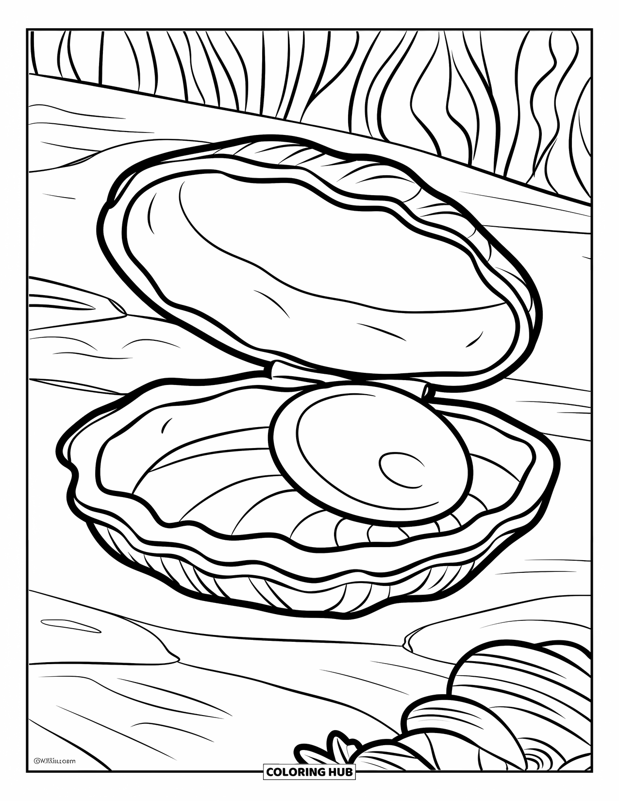 Seashell Coloring Page for Kids: An open clam shell with a pearl rests near seaweed and shells