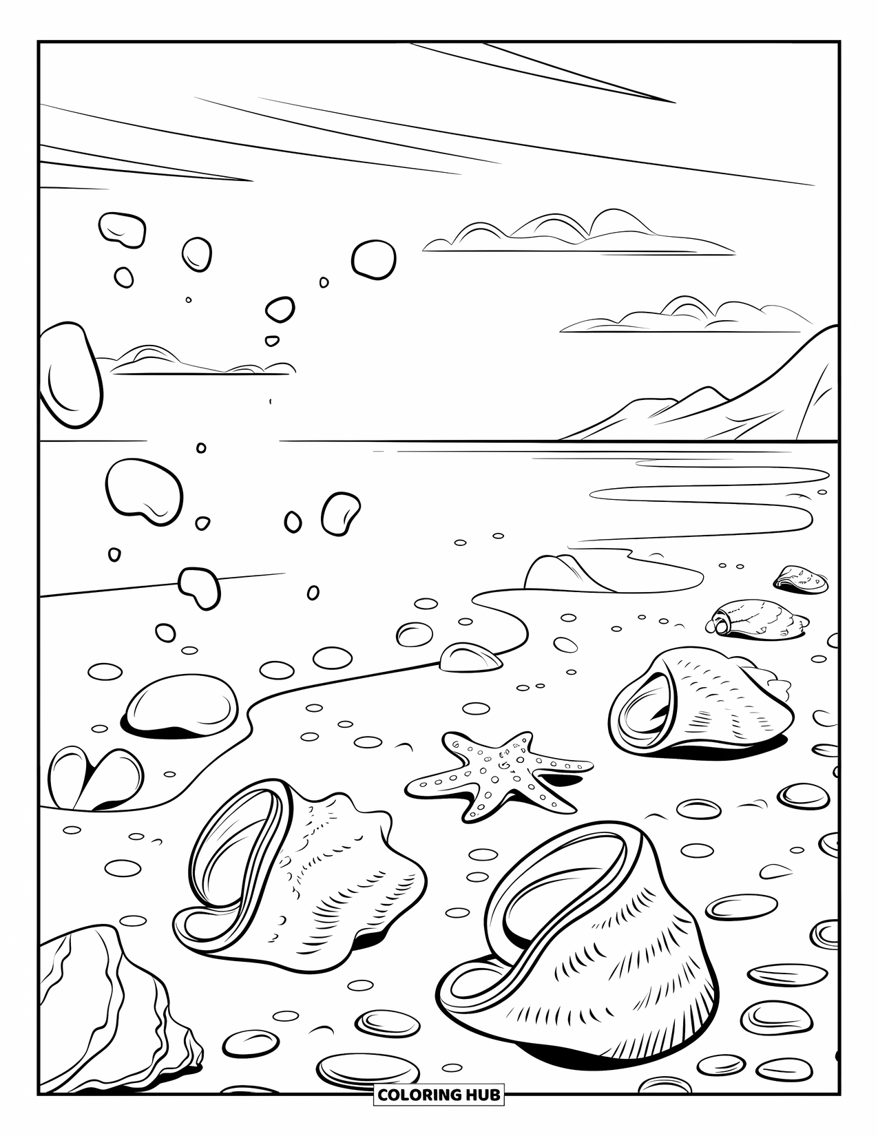 Seashell Coloring Page for Kids: Shells, a starfish, and bubbles dot a rocky shoreline view