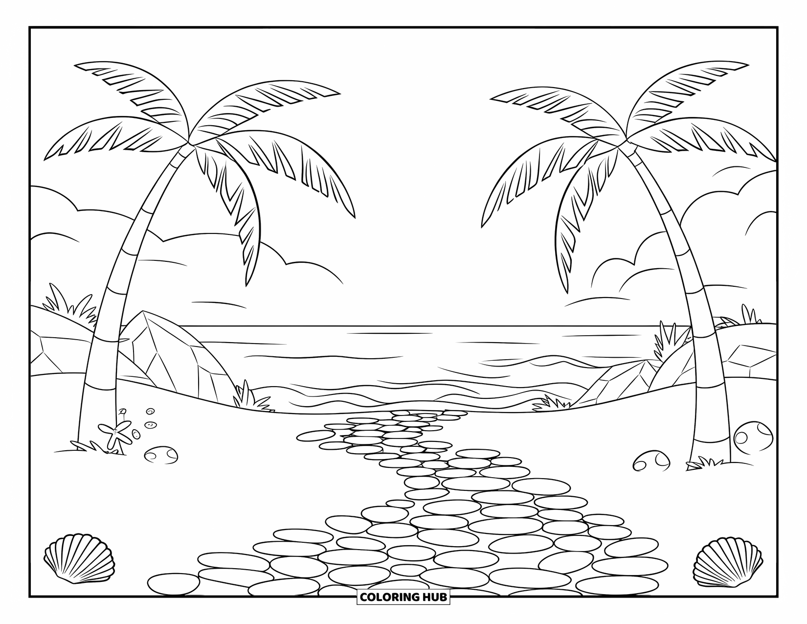 Seashell Coloring Page for Kids: Shells form a path to the sea with palm trees and flowers