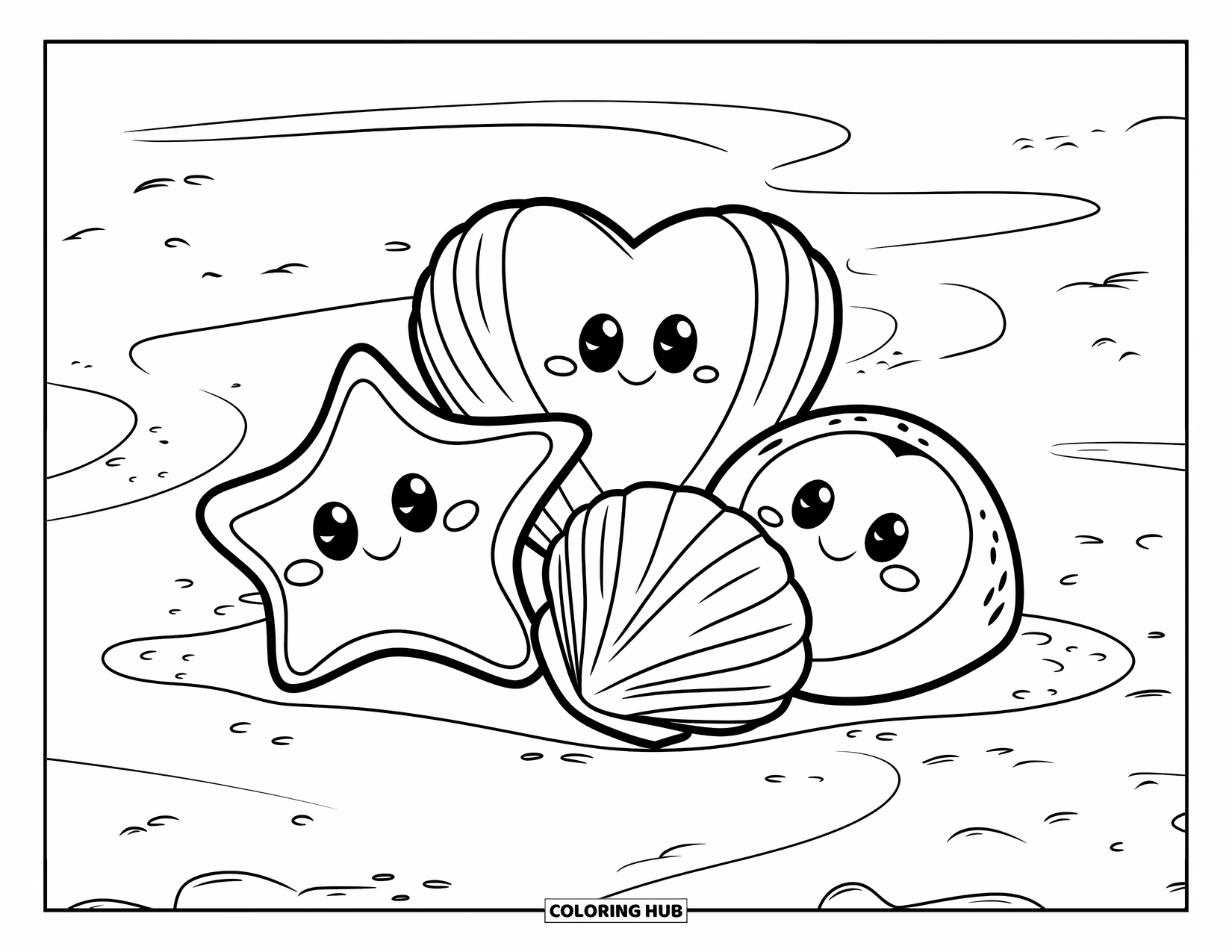 Seashell Coloring Page for Kids: Three playful seashells-heart, star, and round-sit nestled in the sand