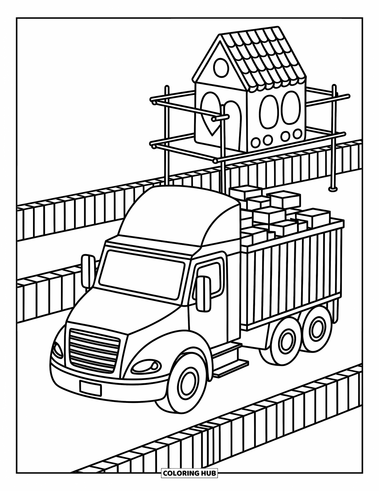 Semi Truck Coloring Page for Adults: A cargo truck drives through whimsical barriers and scaffolding
