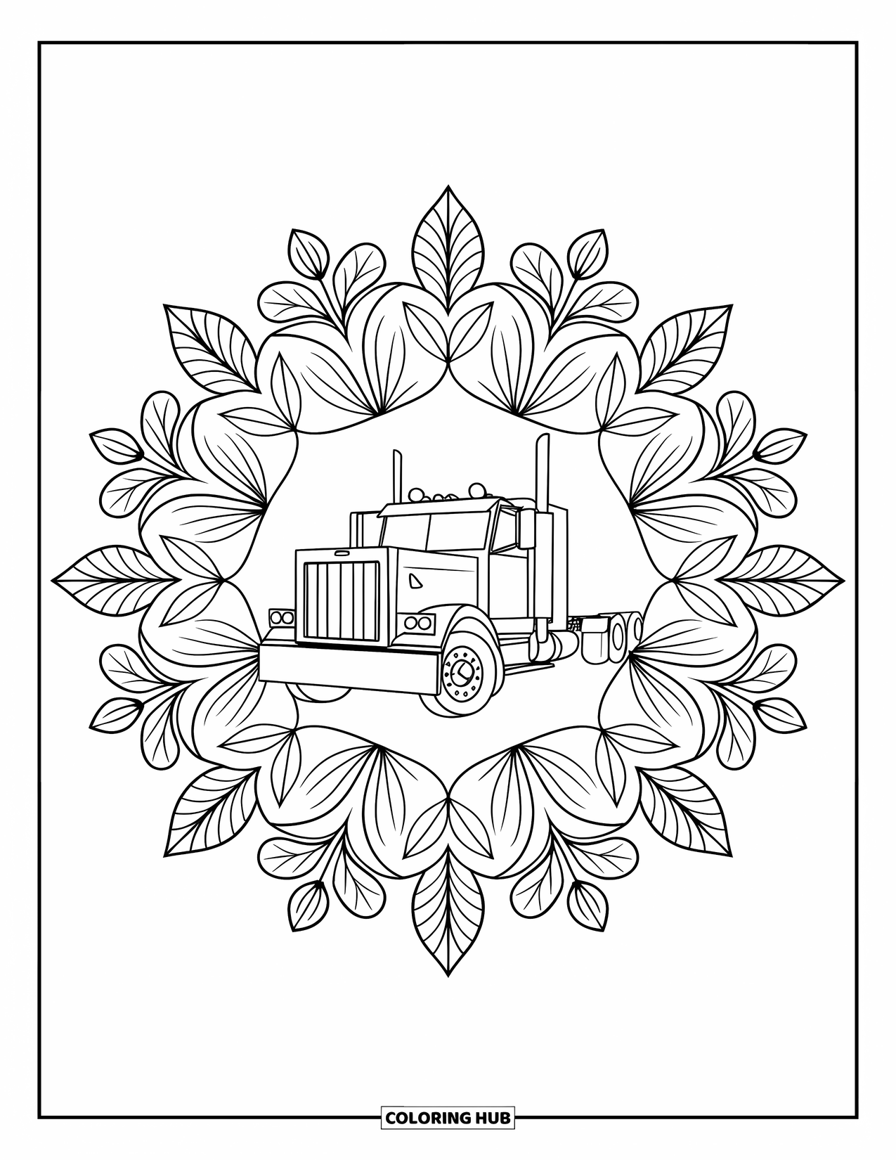 Semi Truck Coloring Page for Adults: A central semi truck is surrounded by a mandala of wildflowers