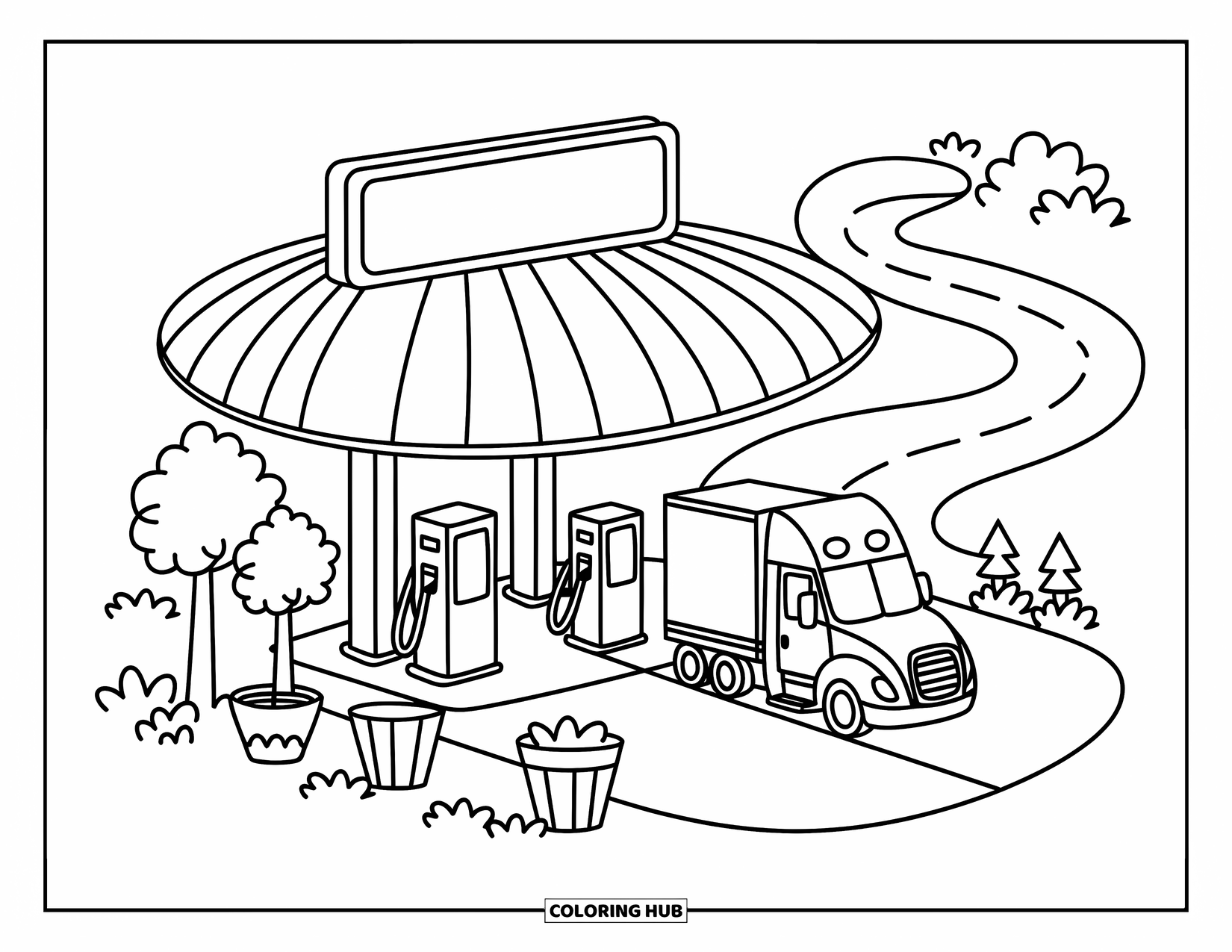 Semi Truck Coloring Page for Adults: A cheerful semi truck fuels up at a tiny, rounded gas station with bubbly signs