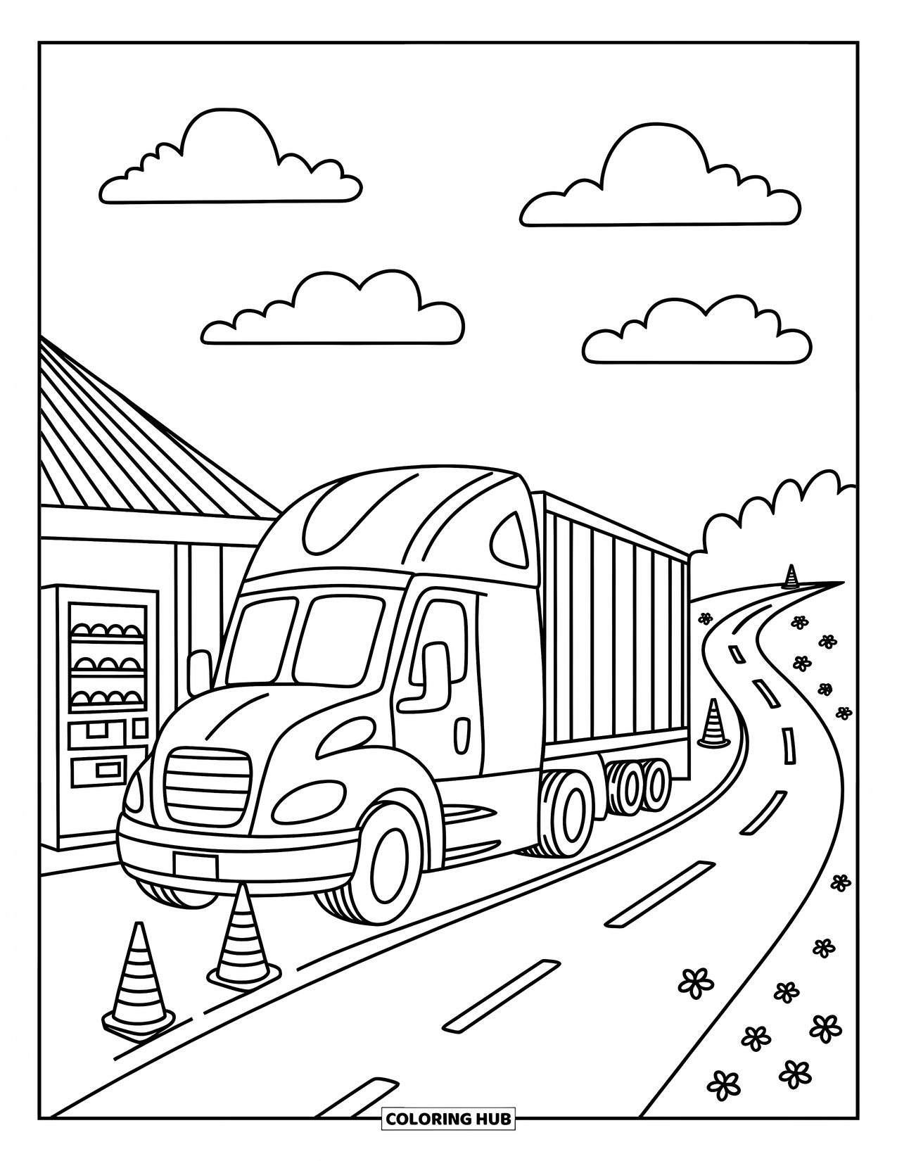 Semi Truck Coloring Page for Adults: A cute truck rests by a bench as clouds float and flowers bloom nearby