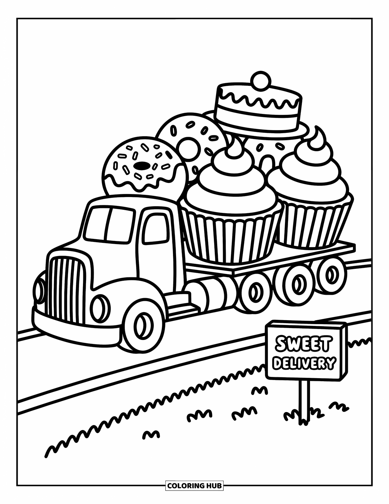 Semi Truck Coloring Page for Adults: A flatbed full of desserts rides behind a smiling truck on a simple path