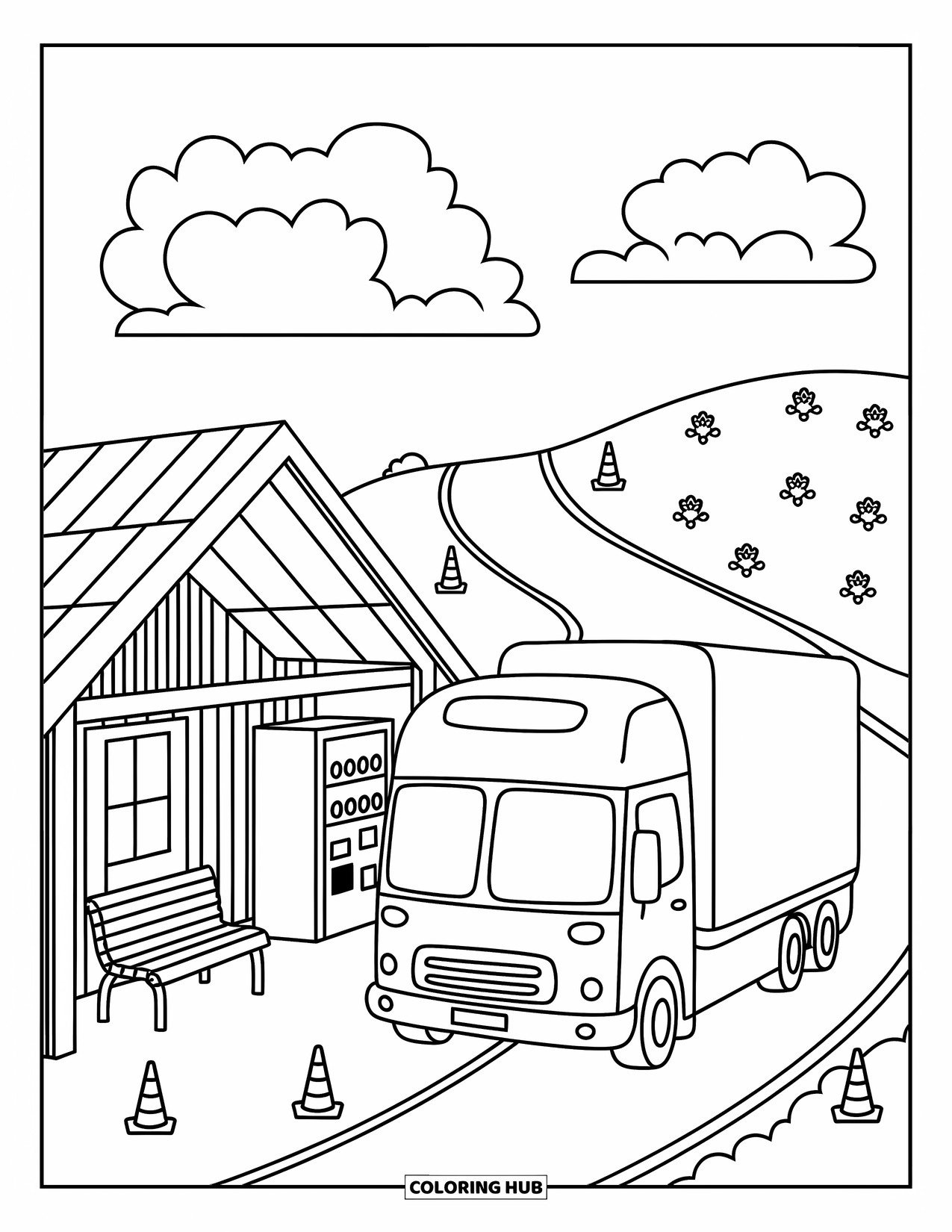 Semi Truck Coloring Page for Adults: A kawaii truck parks near a vending machine along a winding, peaceful road