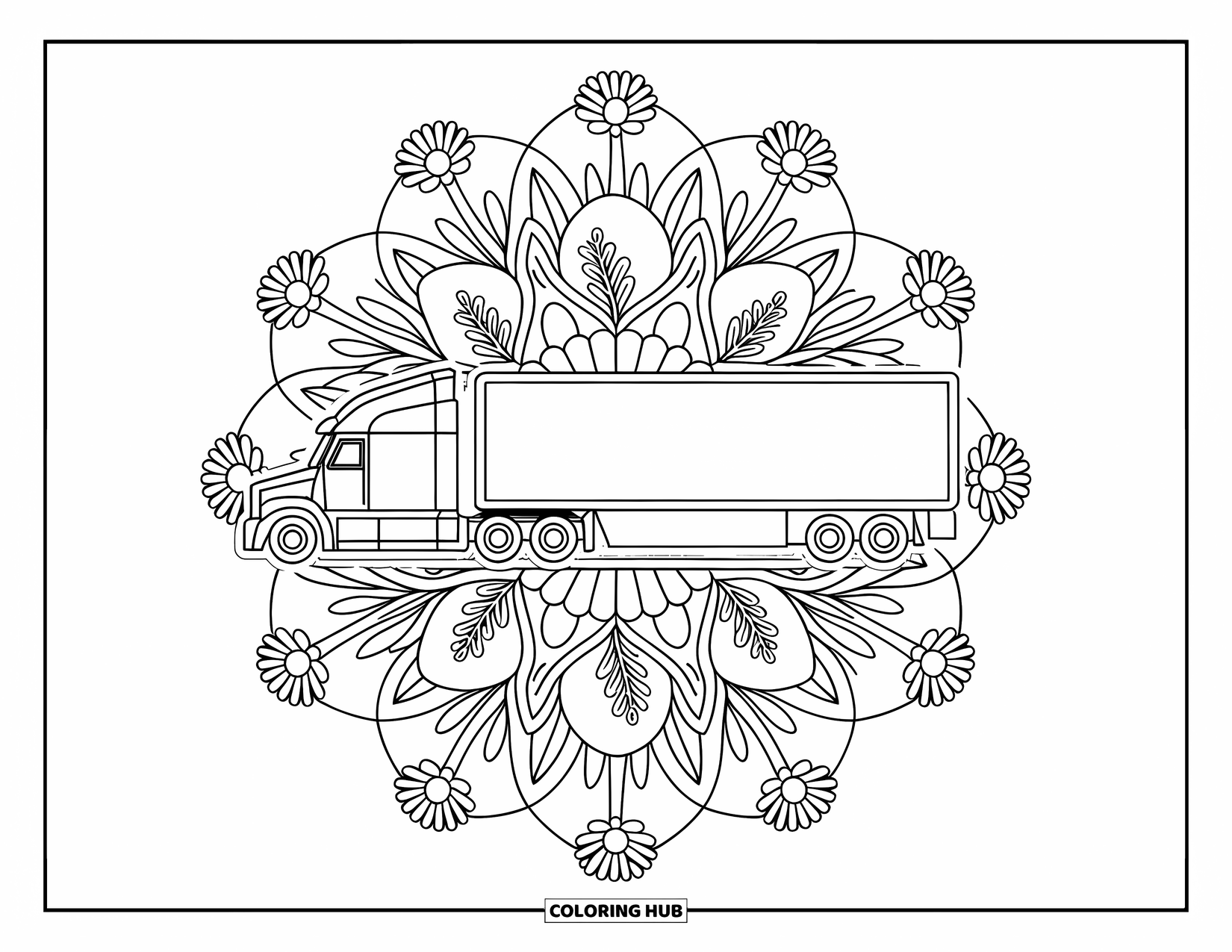 Semi Truck Coloring Page for Adults: A mandala of daisies and fronds surrounds a clean-outlined semi truck