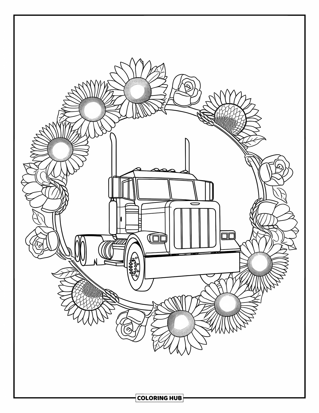 Semi Truck Coloring Page for Adults: A mandala of roses and vines wraps around a truck cab with bold lines