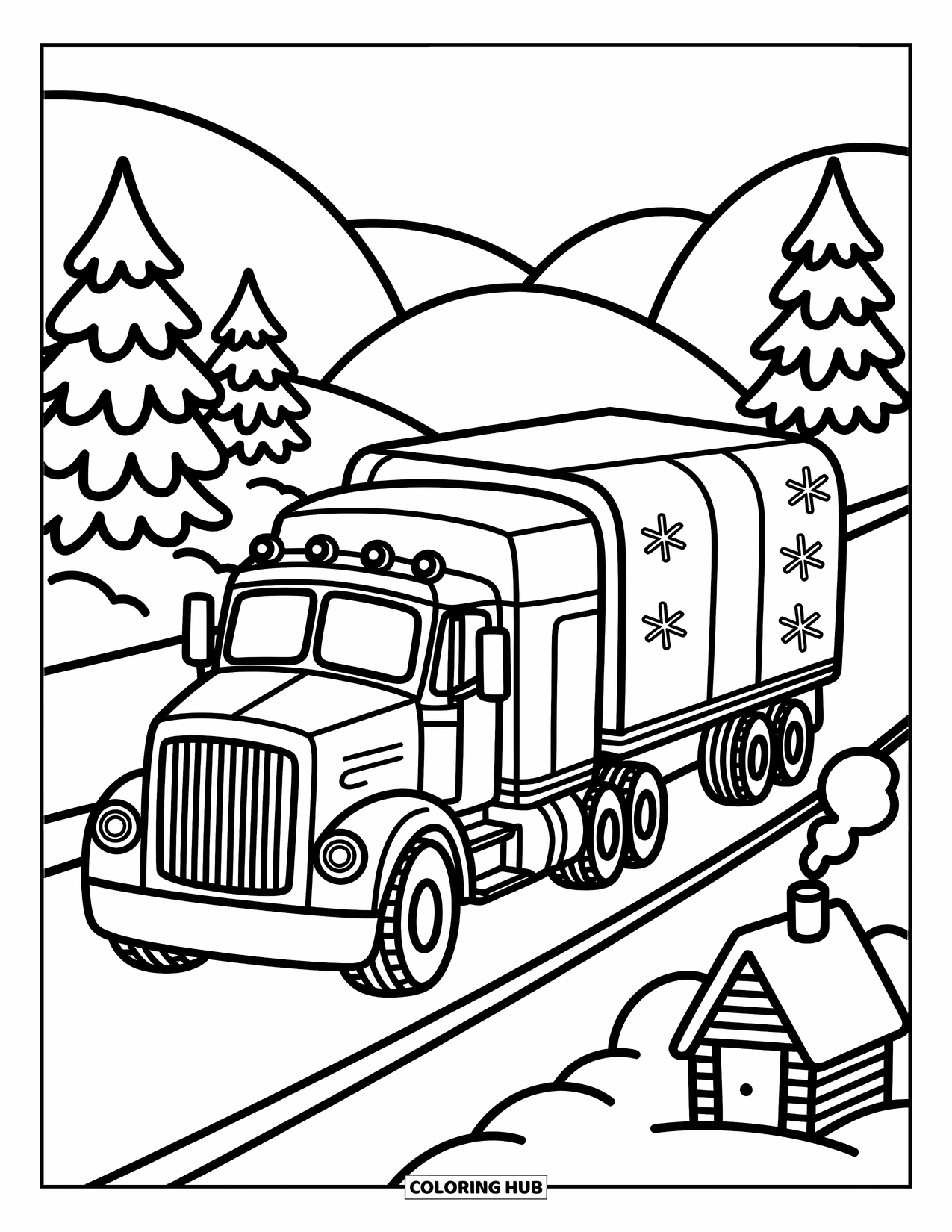 Semi Truck Coloring Page for Adults: A round-headlight truck drives through snow beside a smoke-topped cabin