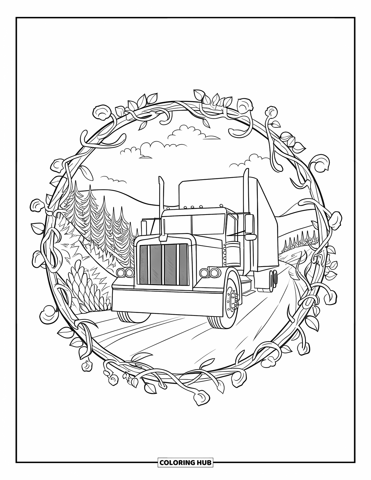 Semi Truck Coloring Page for Adults: A rustic dirt road meets a truck framed in a leafy mandala