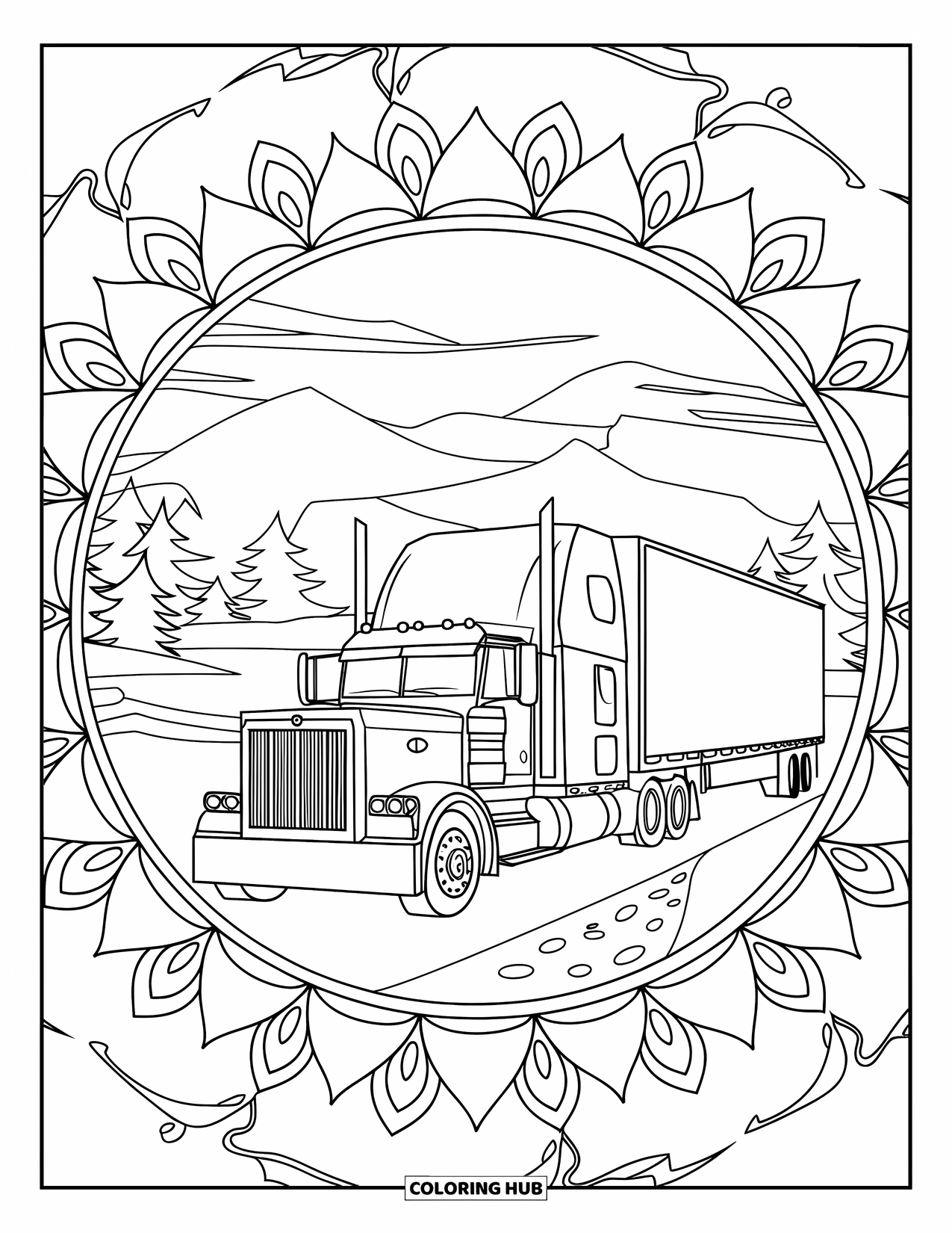 Semi Truck Coloring Page for Adults: A semi truck is parked on a path inside a lotus mandala landscape