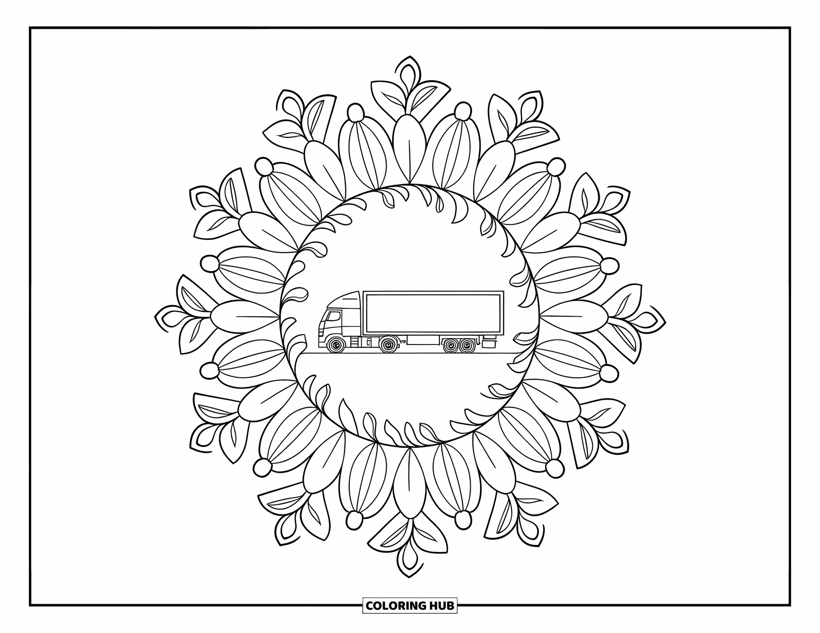 Semi Truck Coloring Page for Adults: A semi truck is surrounded by a full-page floral mandala with clean outlines
