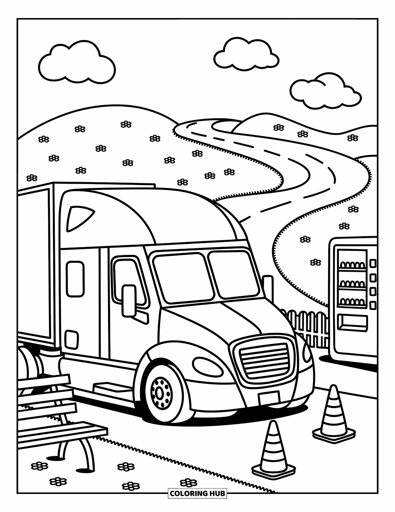 Semi Truck Coloring Page for Adults: A soft, round-window truck stops at a quiet rest stop with a vending machine
