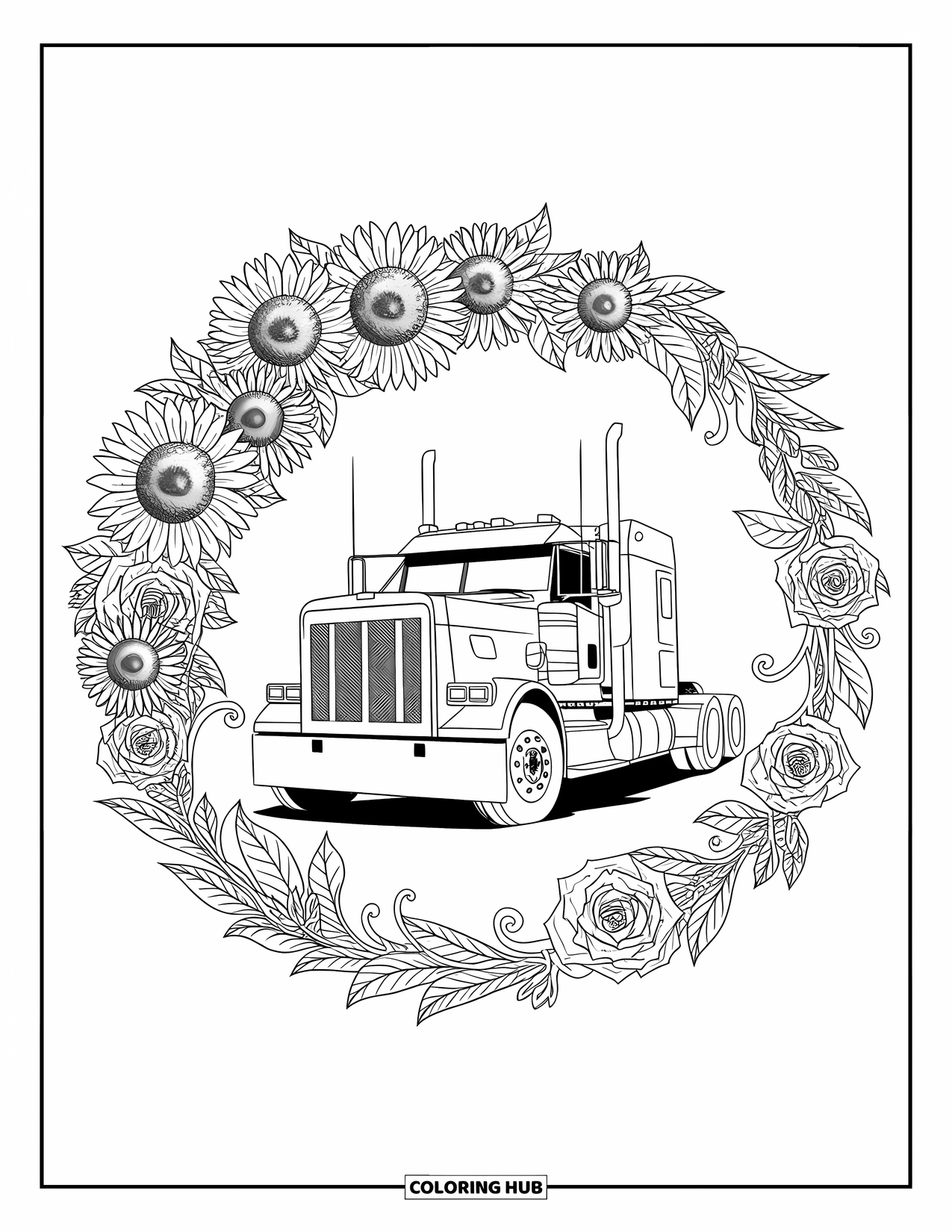 Semi Truck Coloring Page for Adults: A sunflower and rose mandala surrounds a central truck cab