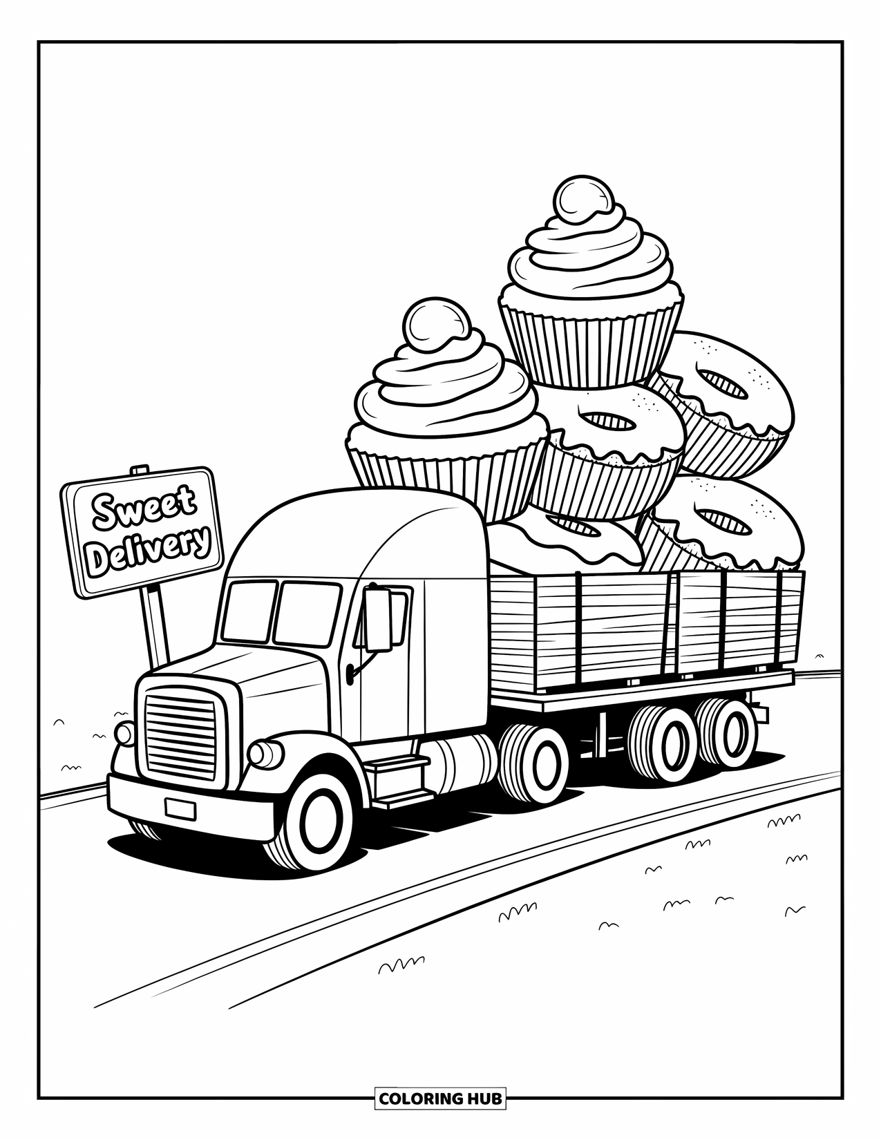 Semi Truck Coloring Page for Adults: A truck hauls oversized cupcakes and donuts marked for ìSweet Delivery.î