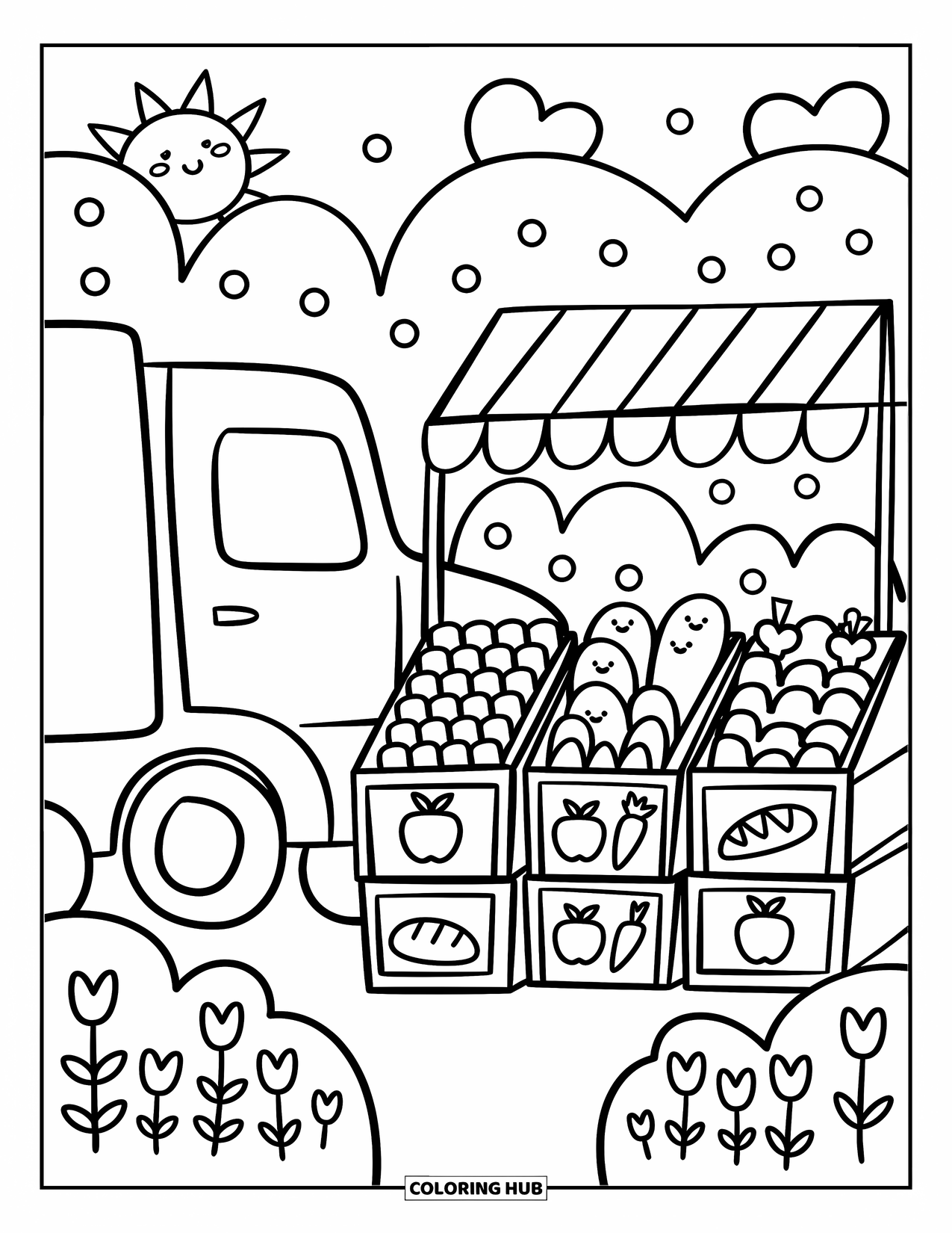 Semi Truck Coloring Page for Adults: A truck parks beside a farmerís market with fruits, veggies, and a smiling sun