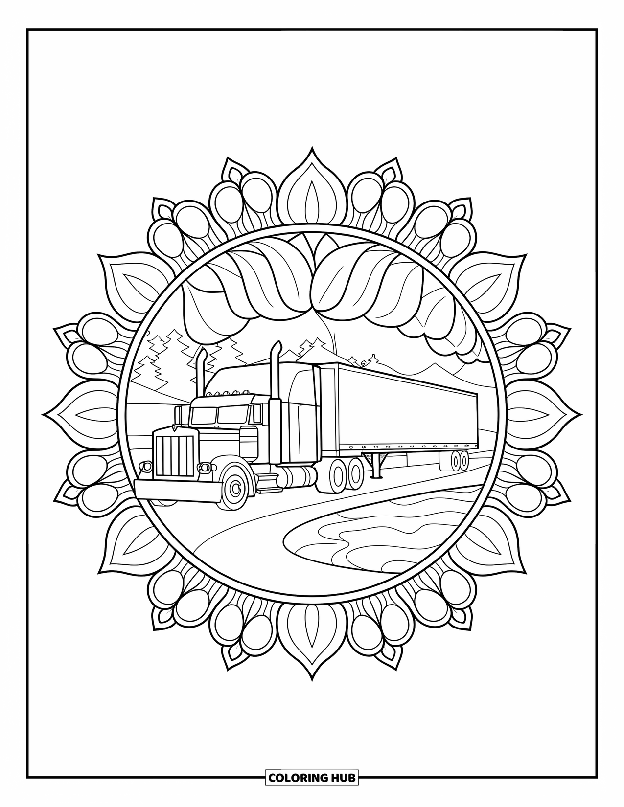 Semi Truck Coloring Page for Adults: A truck rests within a mandala of lotus and curling leaves by a lake