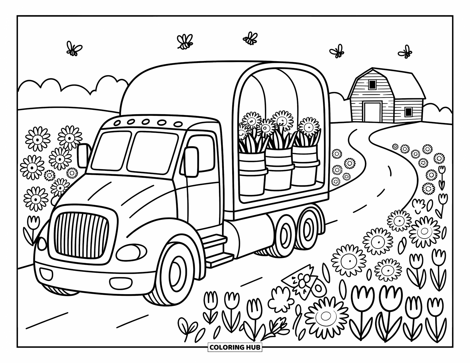 Semi Truck Coloring Page for Adults: A truck with flower buckets sits among bees, butterflies, and a winding dirt path