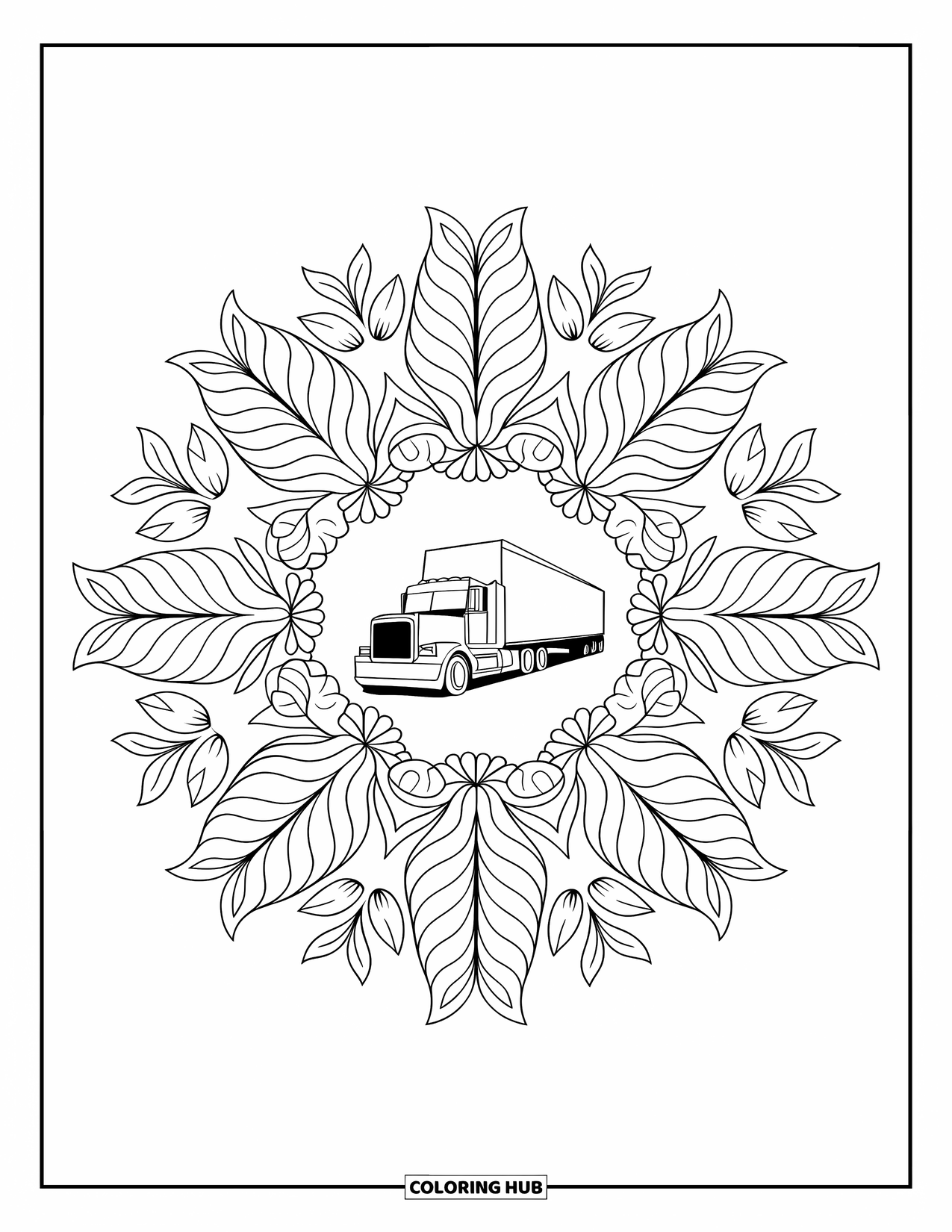 Semi Truck Coloring Page for Adults: A wildflower mandala wraps gently around a bold semi truck design