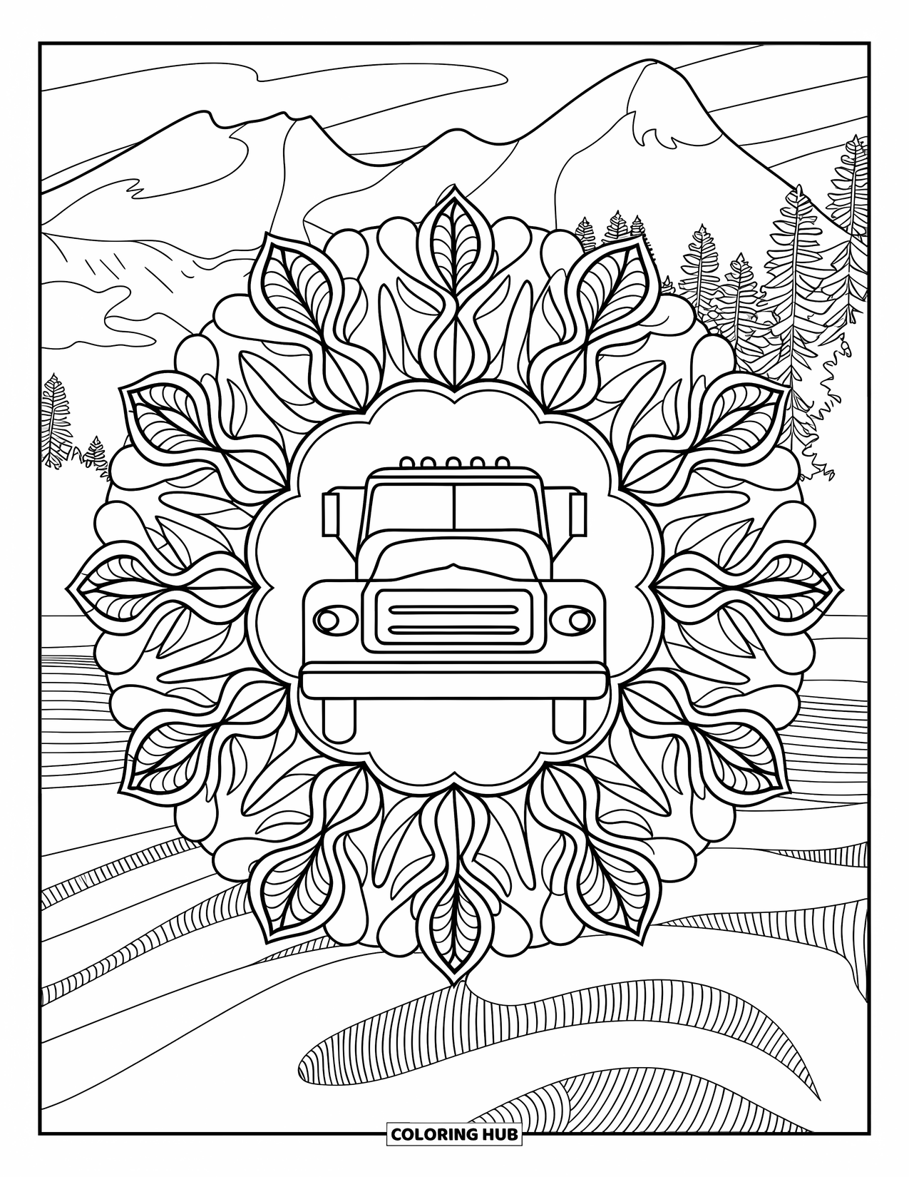 Semi Truck Coloring Page for Adults: Floral symmetry surrounds a semi truck amid trees and water
