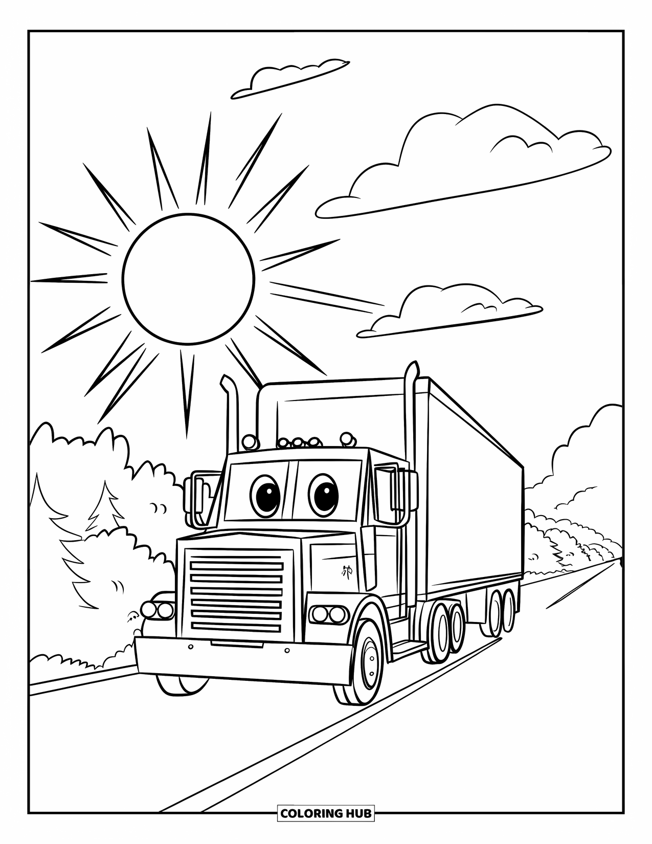 Semi Truck Coloring Page for Kids: A cheerful truck with big eyes drives straight under a bright sun