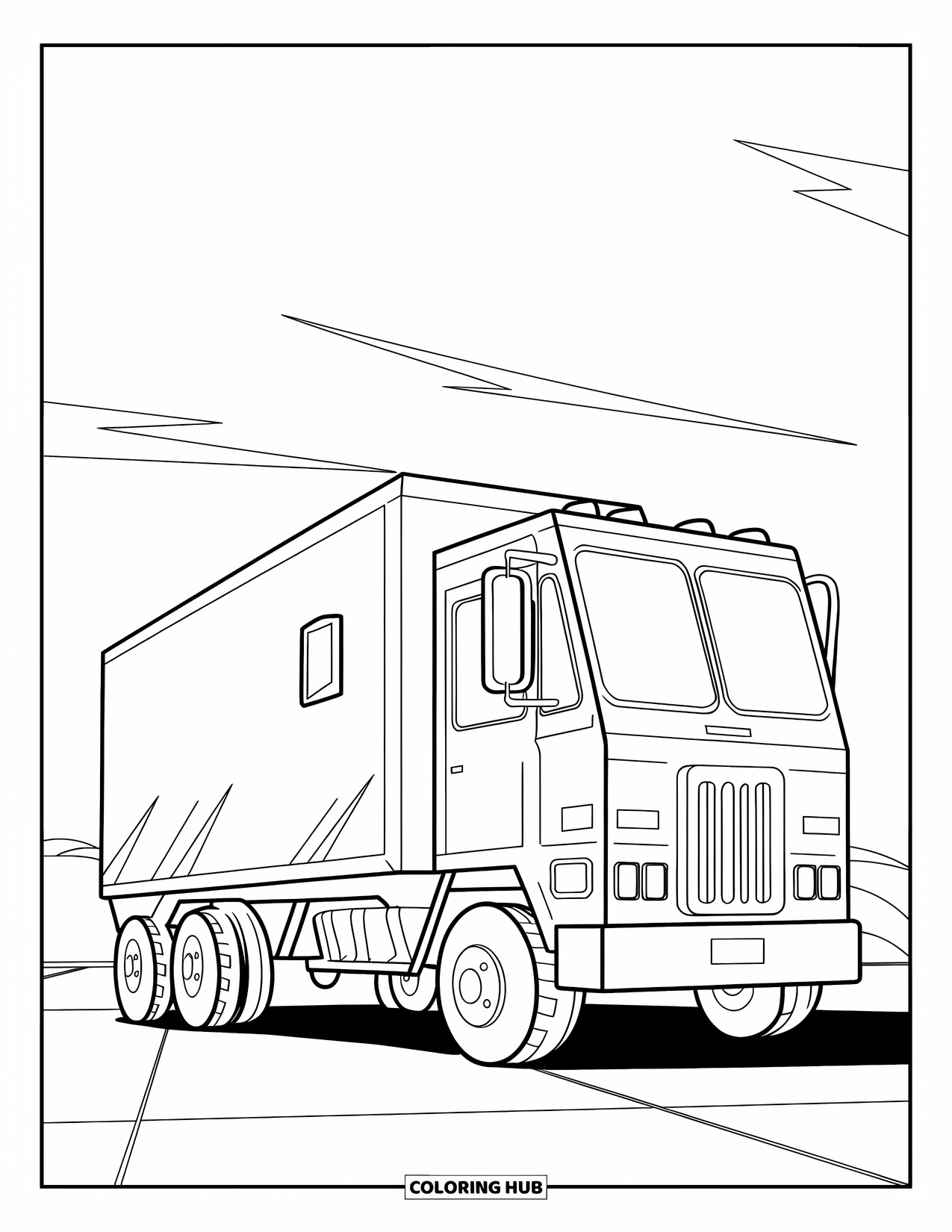 Semi Truck Coloring Page for Kids: A chunky-wheeled truck rests under clouds on a clean, bold road