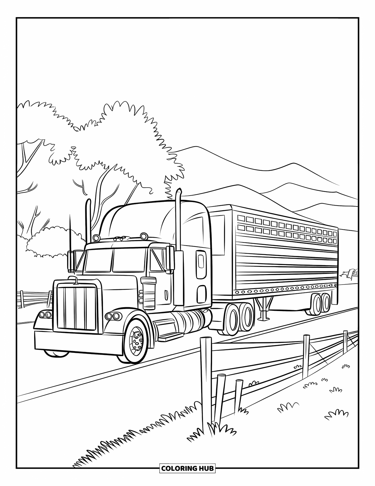 Semi Truck Coloring Page for Kids: A parked truck with a livestock trailer sits near a gate and mountain view