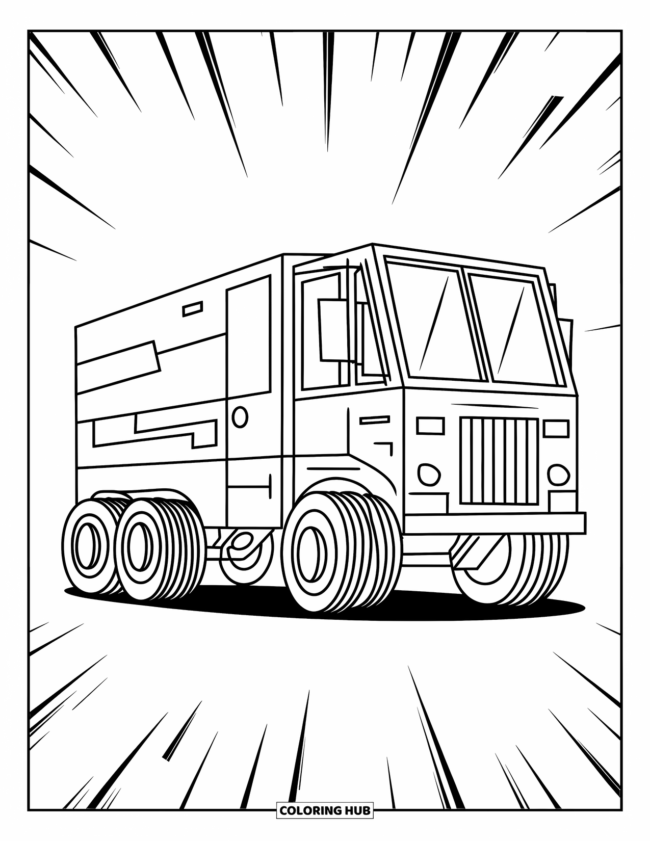 Semi Truck Coloring Page for Kids: A playful boxy truck with big wheels sits in a simple side view