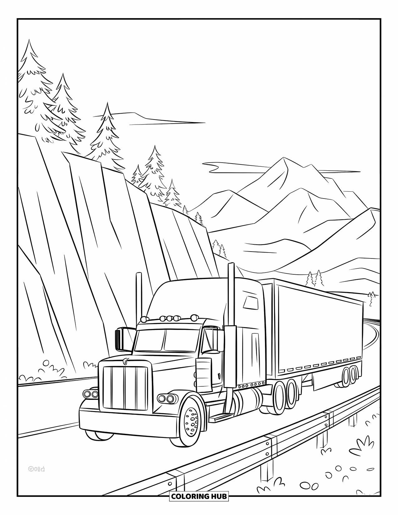 Semi Truck Coloring Page for Kids: A semi truck drives along a cliff road with mountains and guardrails