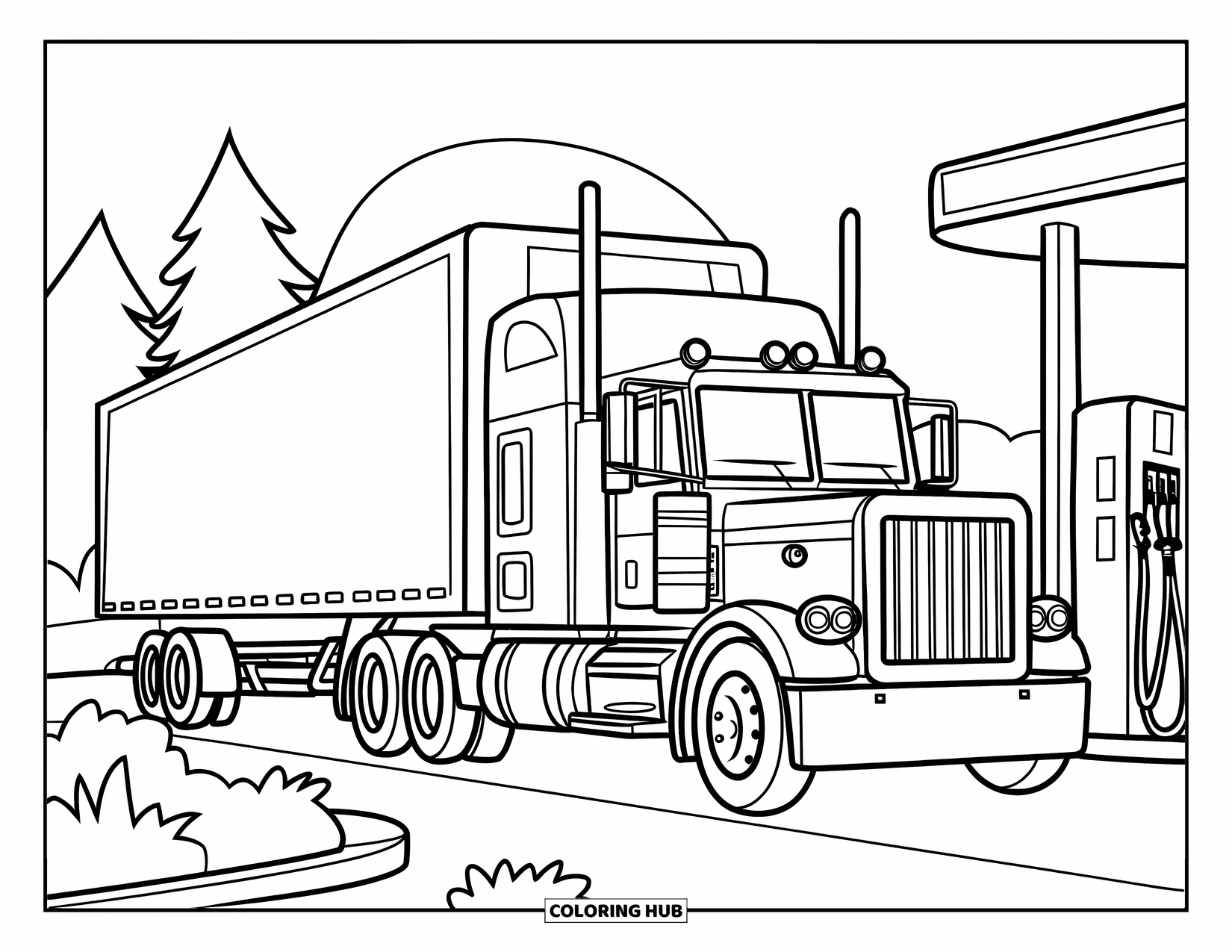 Semi Truck Coloring Page for Kids: A semi truck pulls into a service station with one gas pump and trees nearby