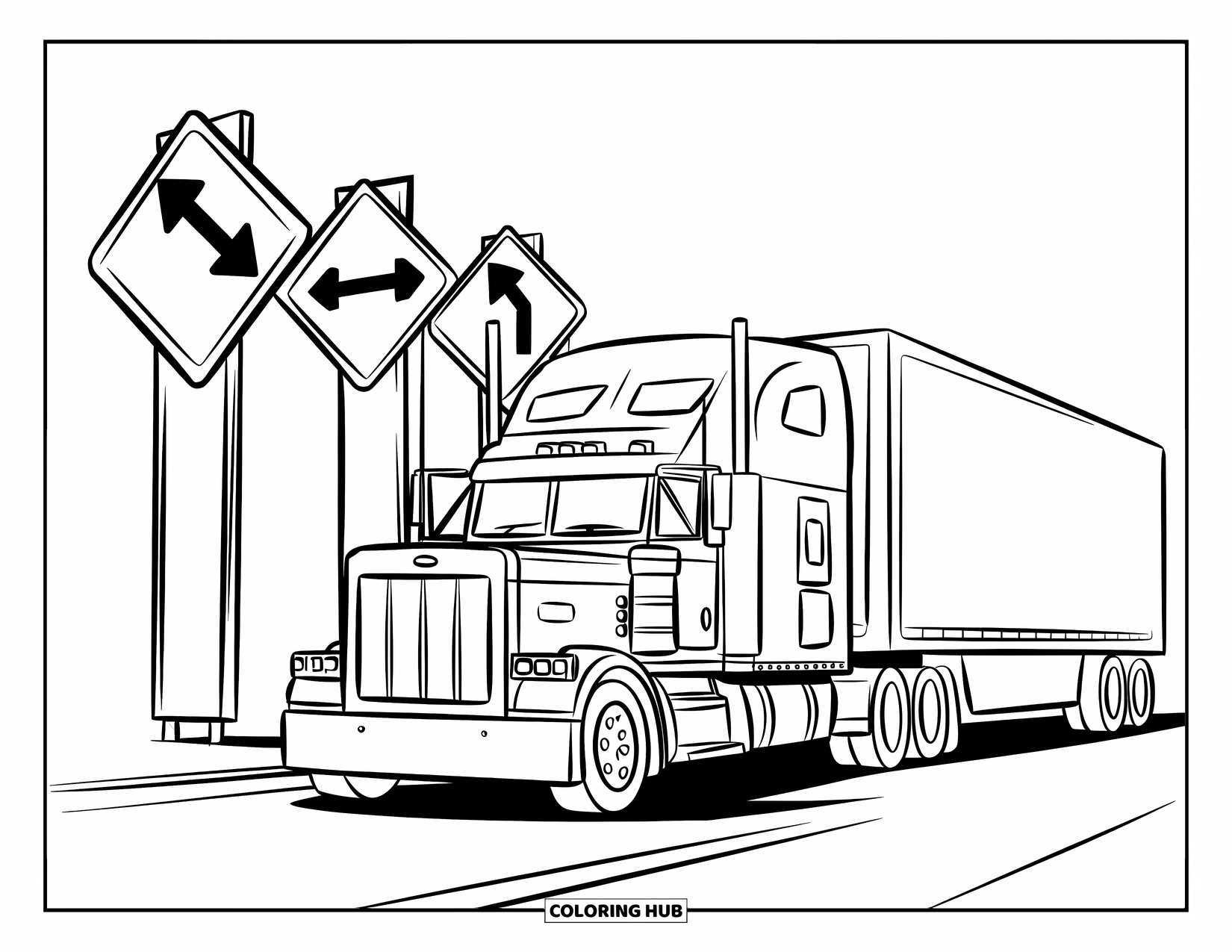 Semi Truck Coloring Page for Kids: A semi truck rests near three road signs pointing in all directions