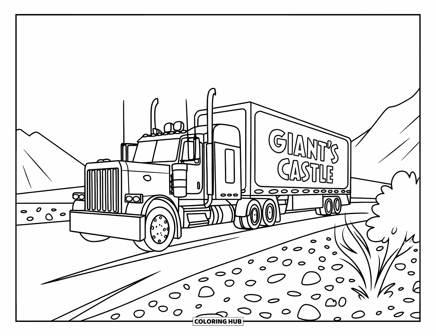 Semi Truck Coloring Page for Kids: A semi truck rolls down a dirt road marked "Giant's Castle" in the back