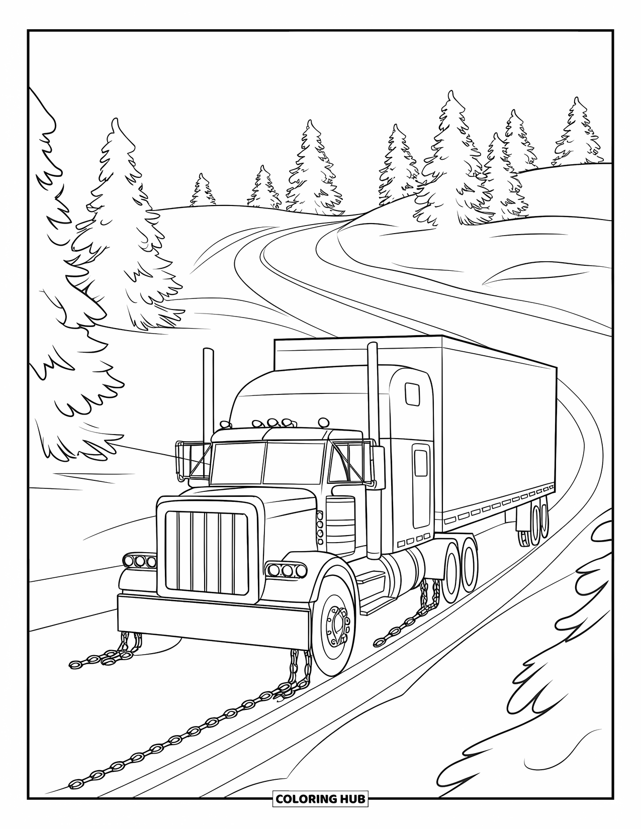 Semi Truck Coloring Page for Kids: A semi truck rolls through a snowy path lined with tall trees