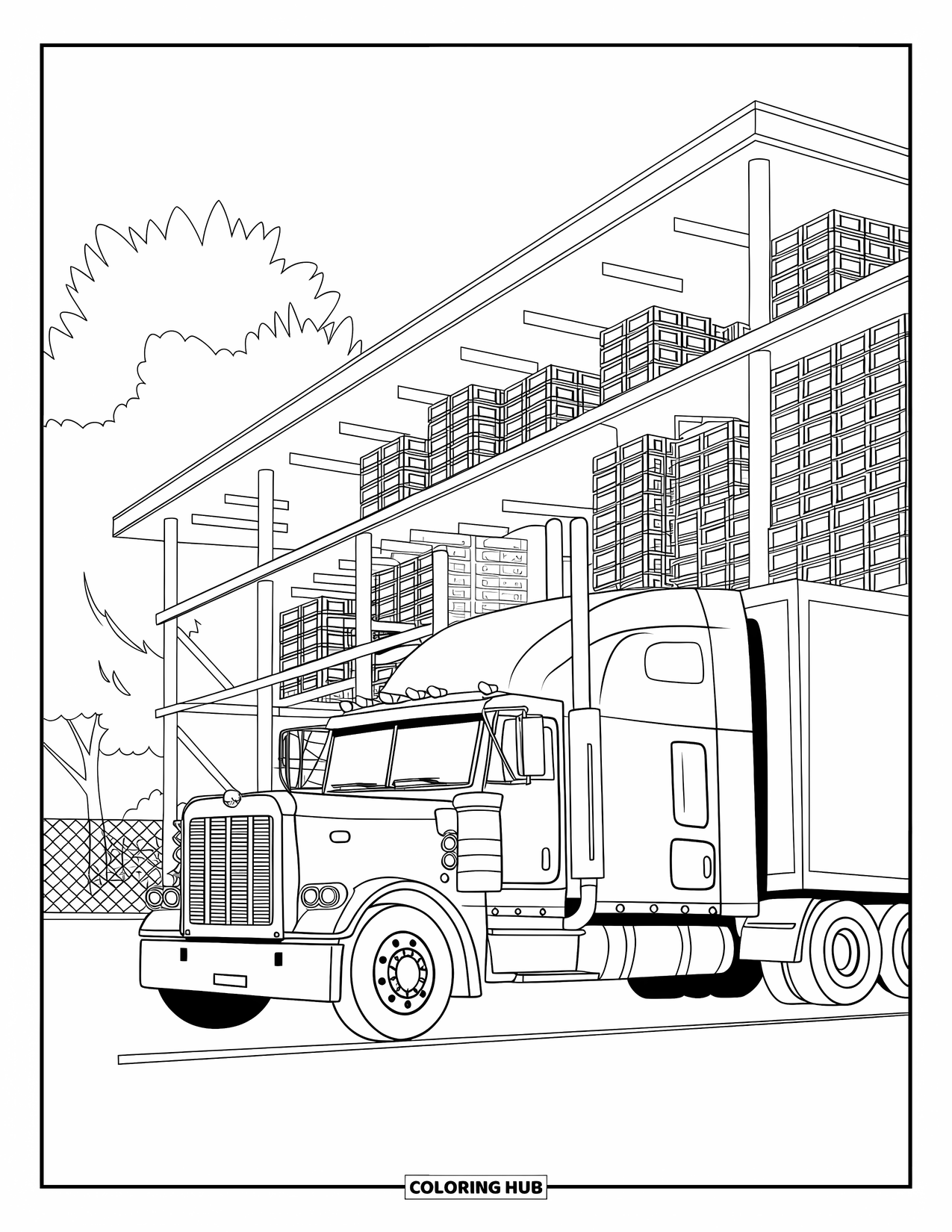 Semi Truck Coloring Page for Kids: A semi truck stops by a warehouse with crates and fences nearby