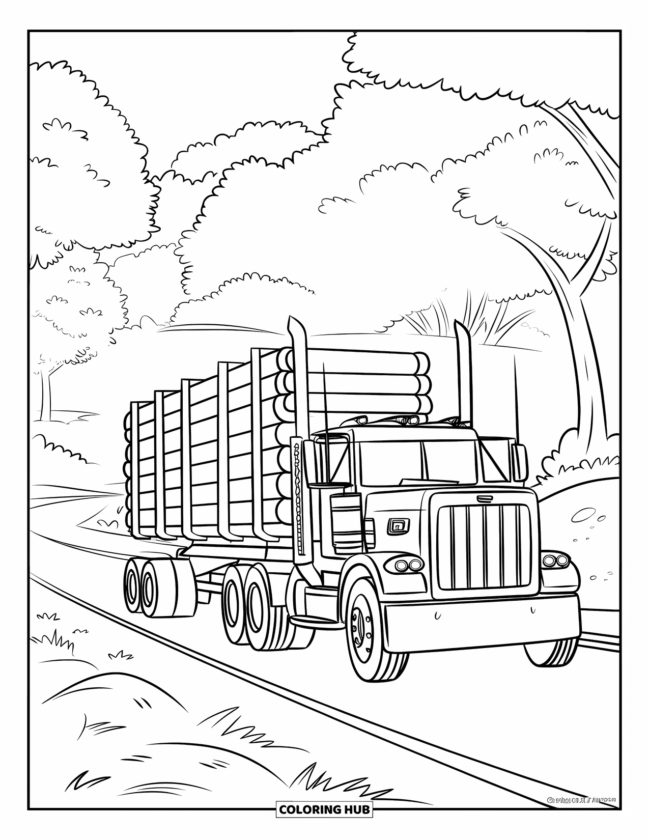 Semi Truck Coloring Page for Kids: A semi truck with a red logo carries logs along a bumpy forest road