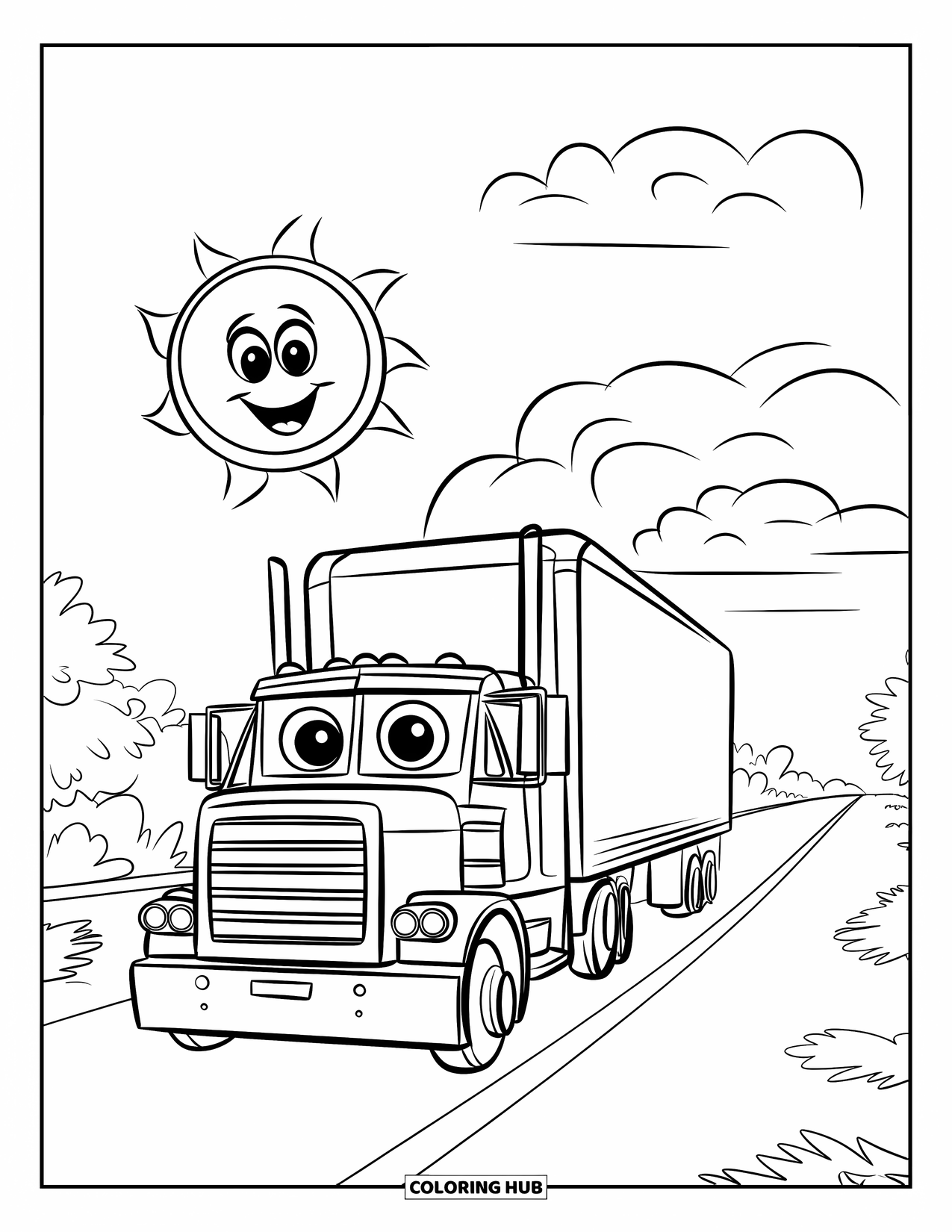 Semi Truck Coloring Page for Kids: A smiling truck drives down a sunny road with fluffy clouds above