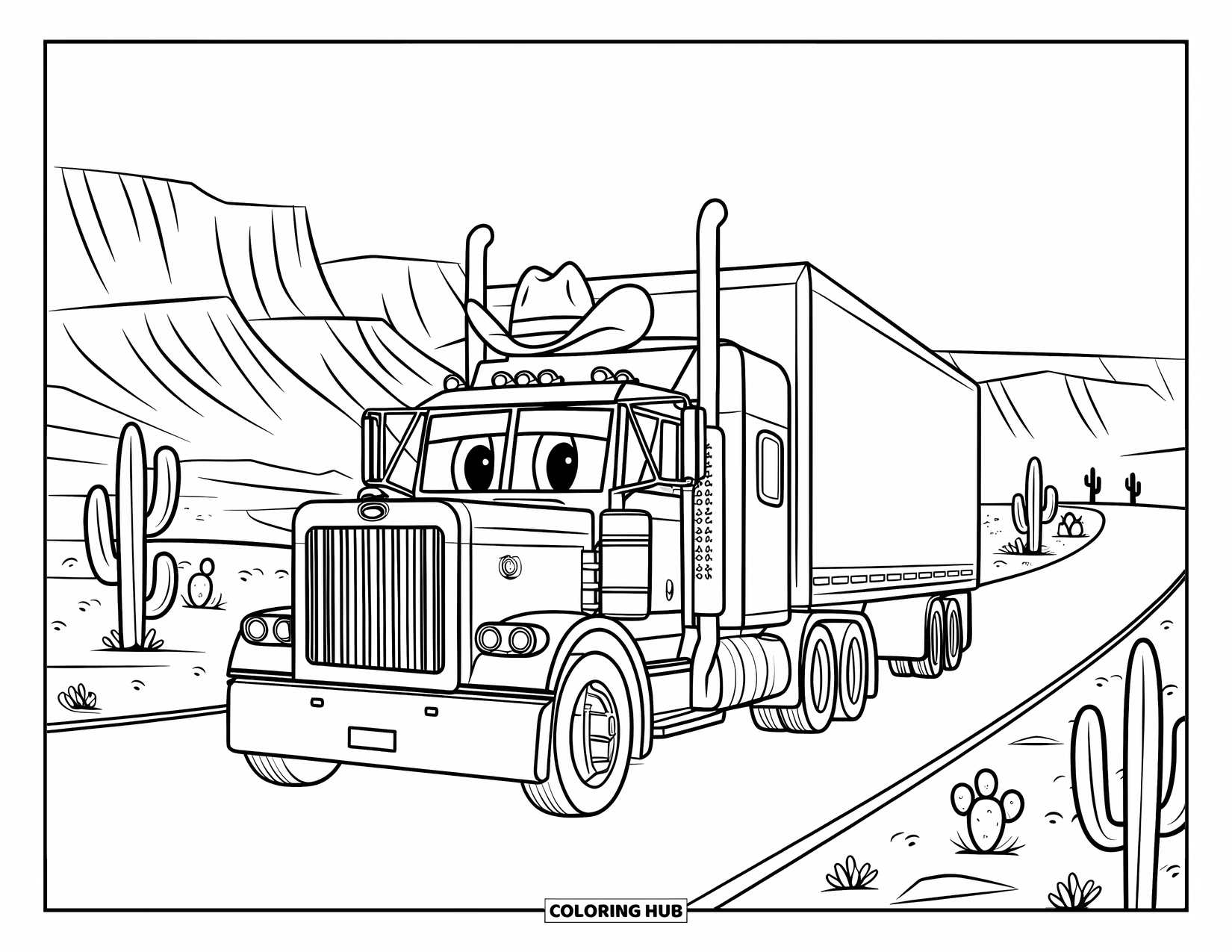 Semi Truck Coloring Page for Kids: A smiling truck in a cowboy hat rolls through a rocky desert road