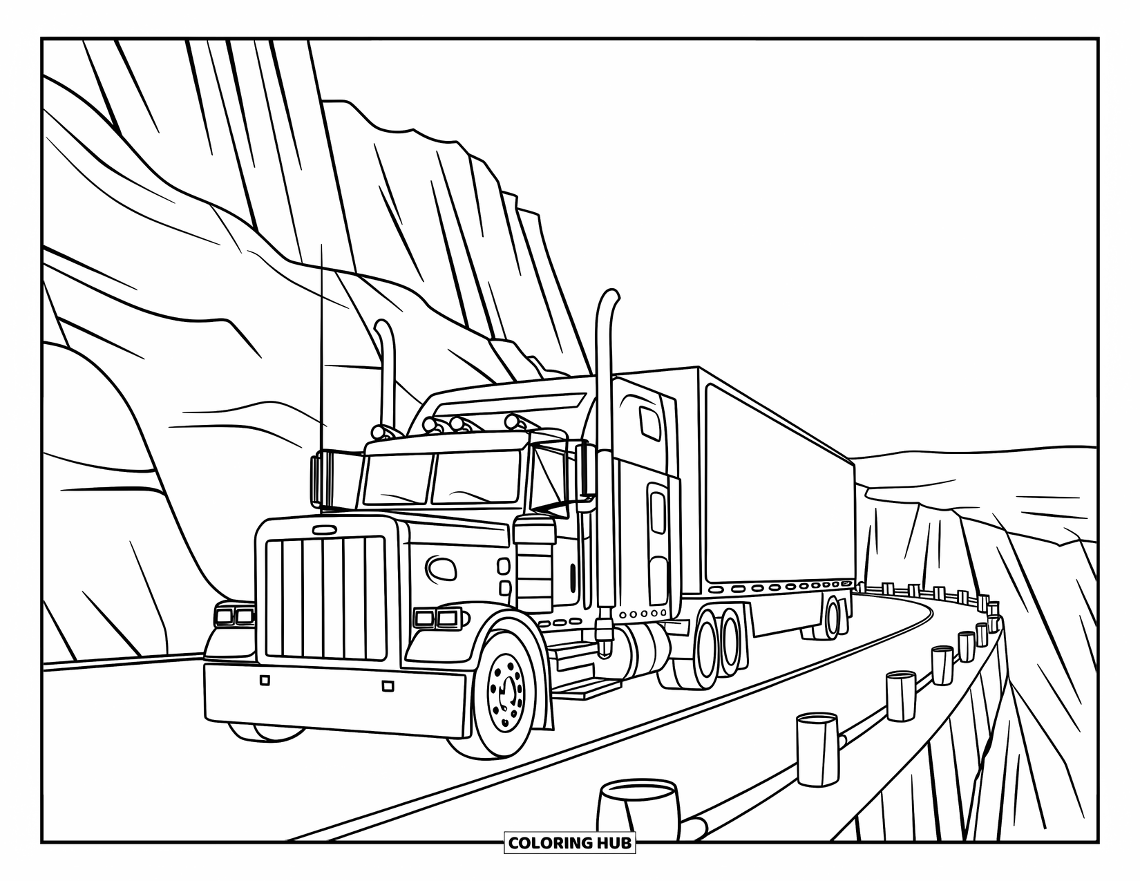 Semi Truck Coloring Page for Kids: A truck rests by a cliffside road overlooking a wide canyon view