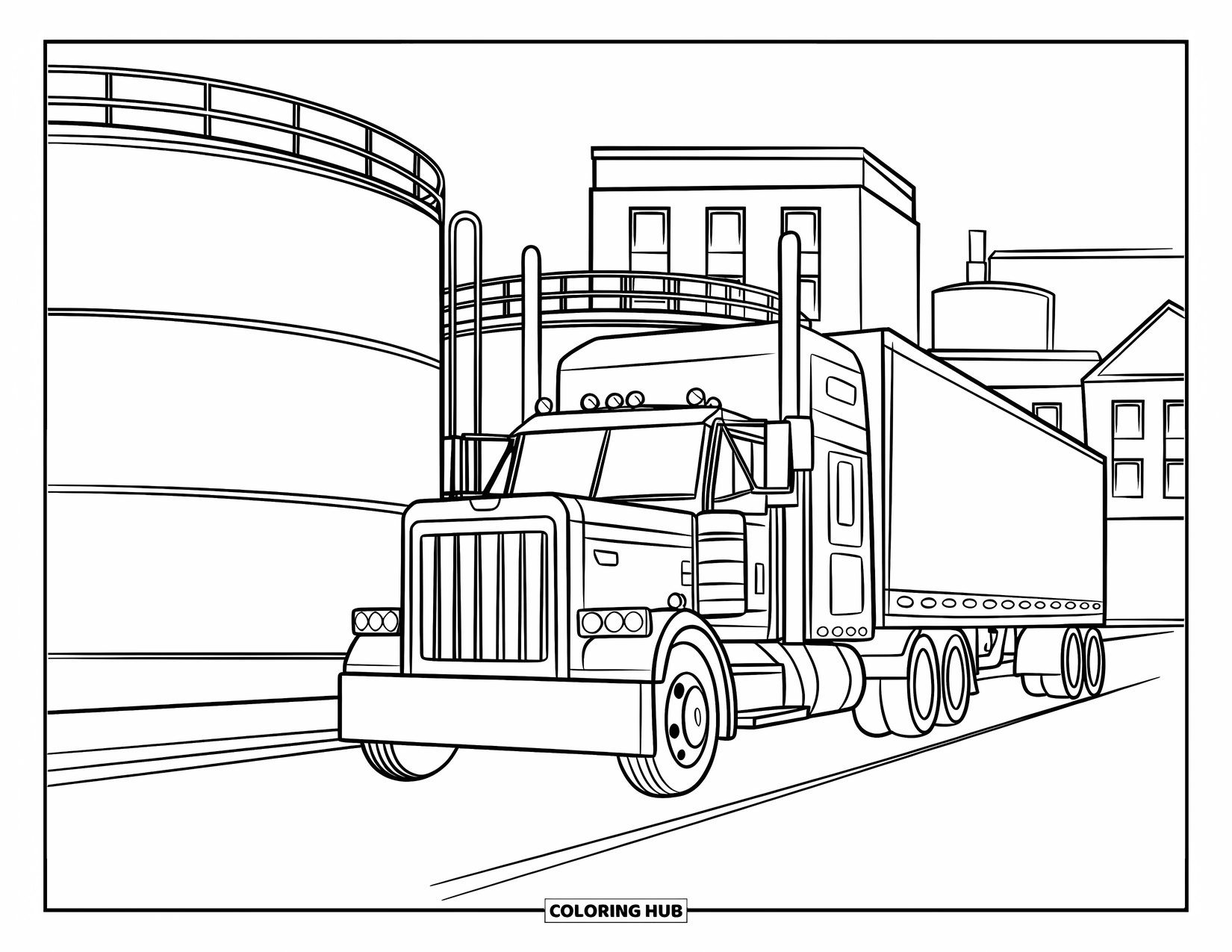 Semi Truck Coloring Page for Kids: A truck rolls past tanks and buildings in a busy industrial zone