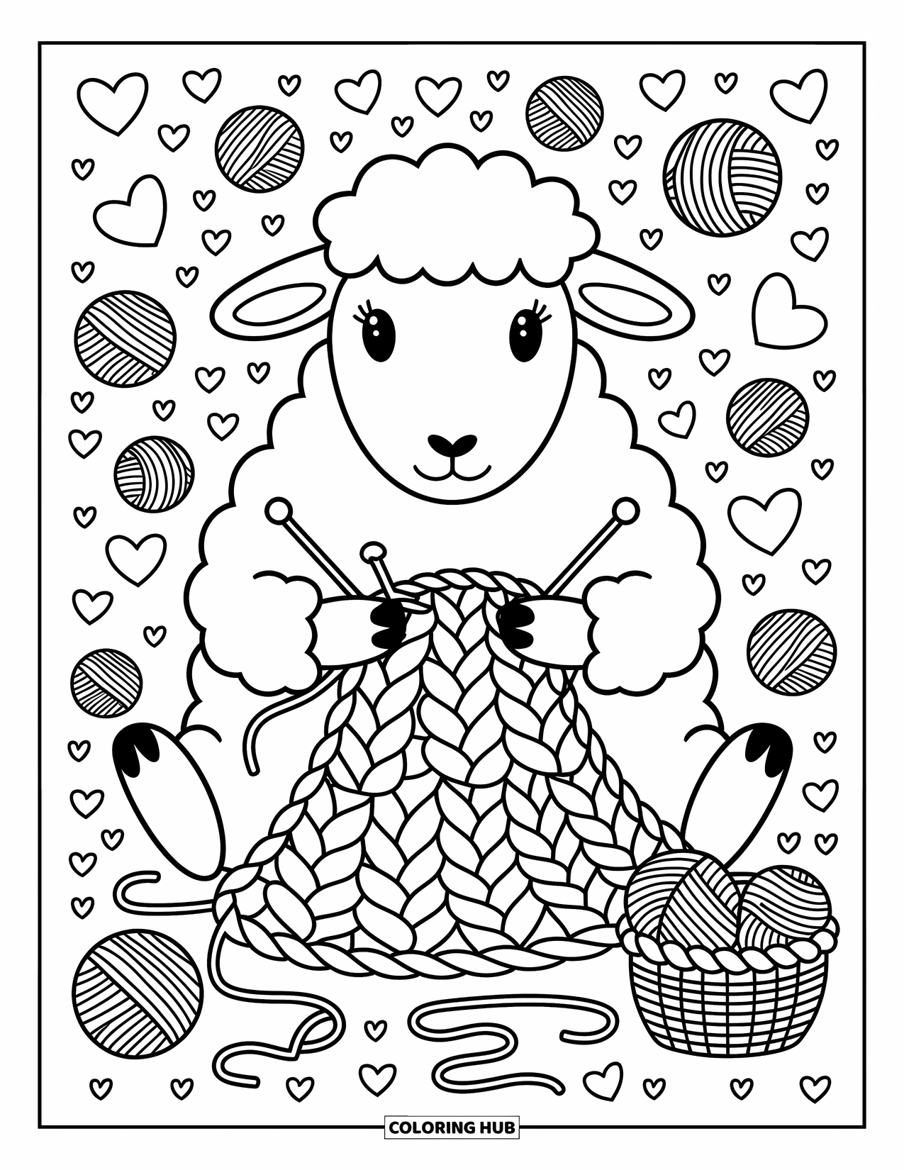 Sheep Coloring Page for Adults: A content sheep knits a heart-patterned blanket beside a basket of yarn