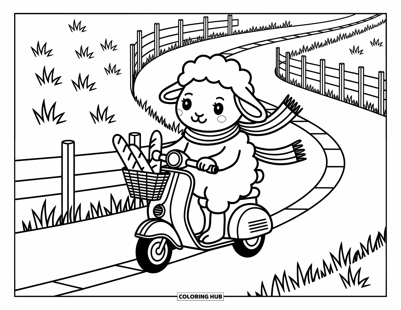 Sheep Coloring Page for Adults: A cozy sheep rides a scooter along a country road with a basket of goodies
